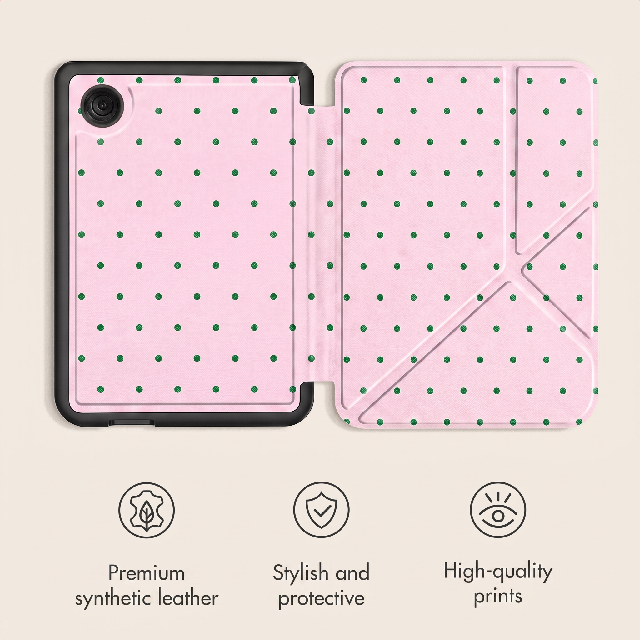 Étui de tablette rose avec pois verts, cadre noir et trois icônes avec du texte en dessous.