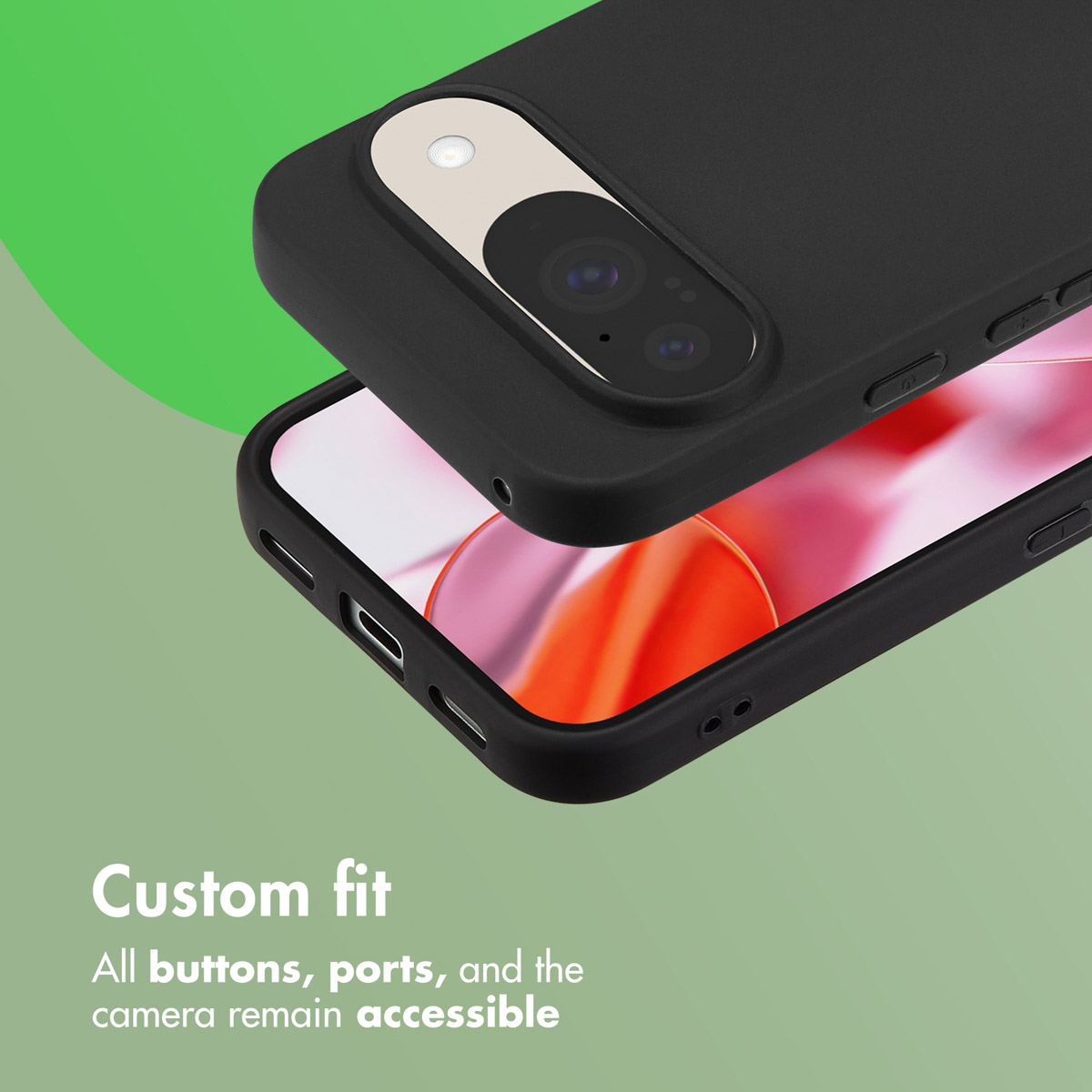 Un smartphone negro en una funda protectora sobre fondo verde, destacando botones y puertos accesibles.