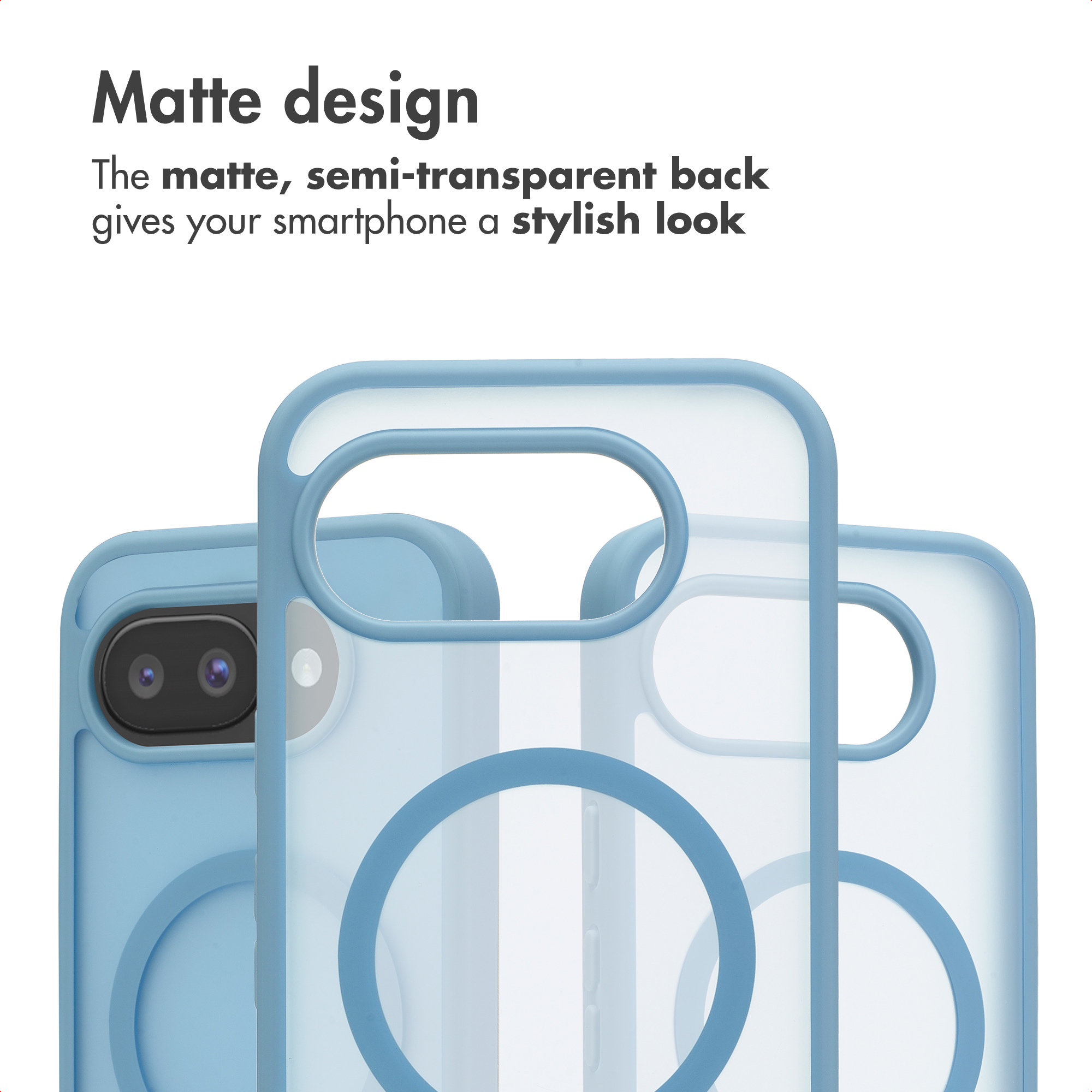 Custodie per smartphone blu opache e semitrasparenti con foro per fotocamera e anello.