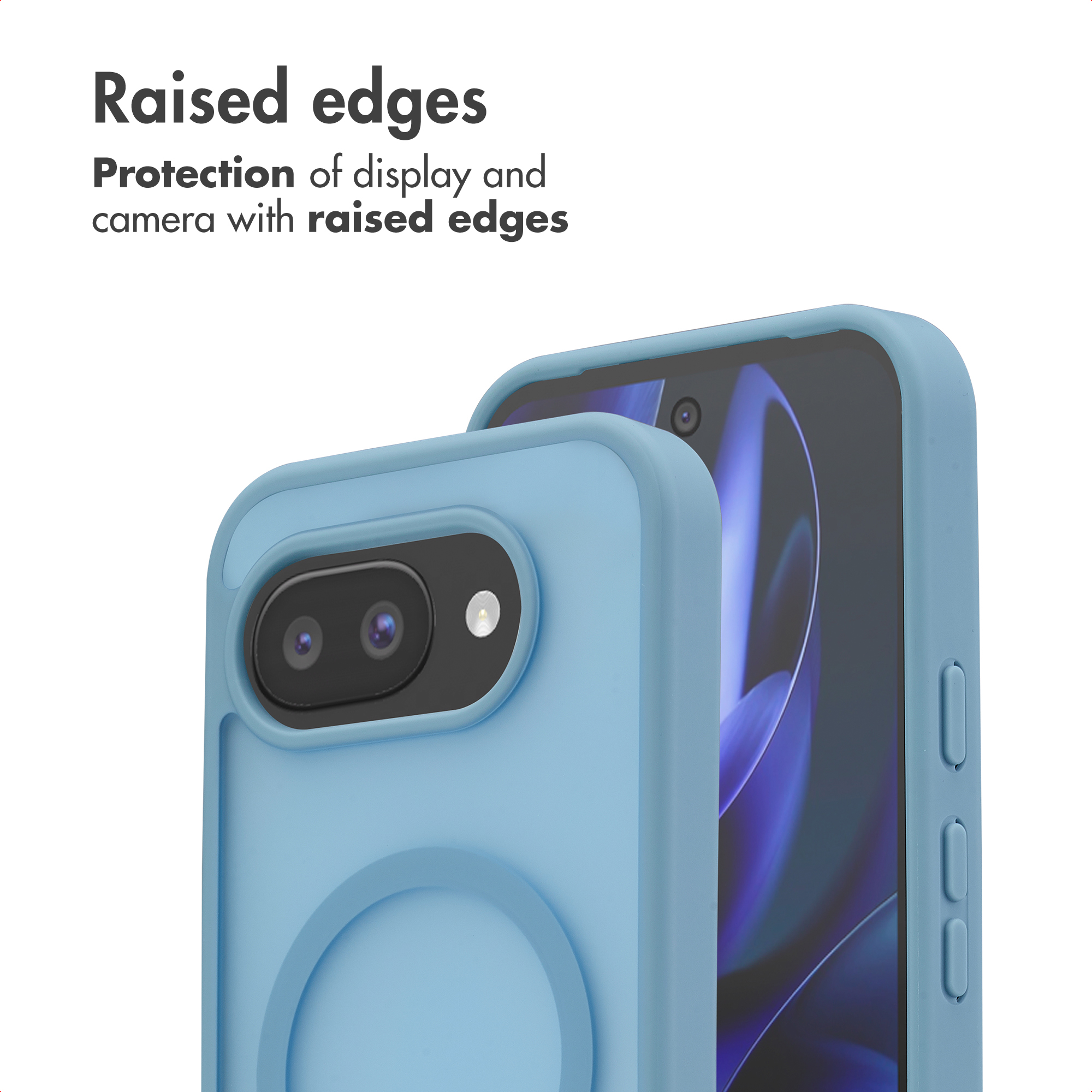 Custodia per smartphone blu con bordi rialzati per proteggere schermo e fotocamera.