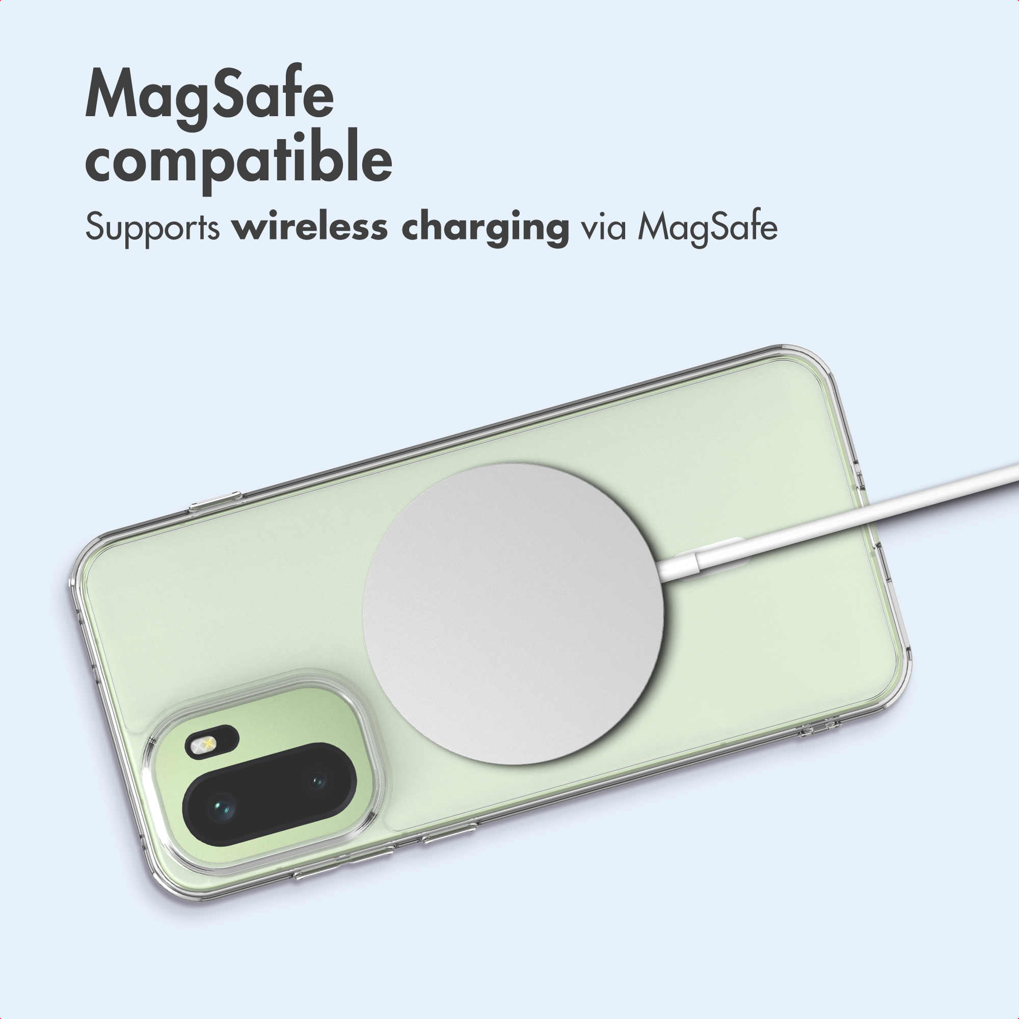 Cargador MagSafe en un teléfono verde claro con texto que indica compatibilidad.