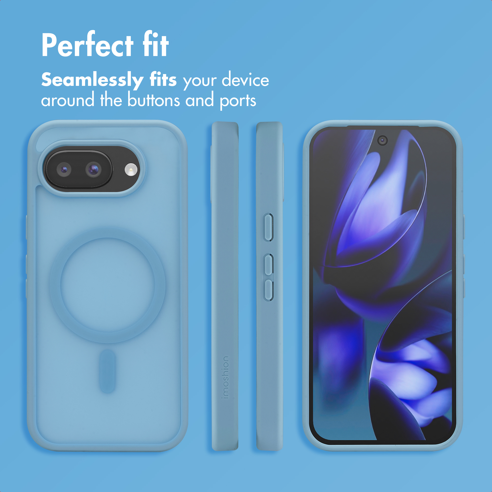 Una custodia per smartphone azzurro mostrata da retro, lati e fronte su sfondo blu con testo bianco.
