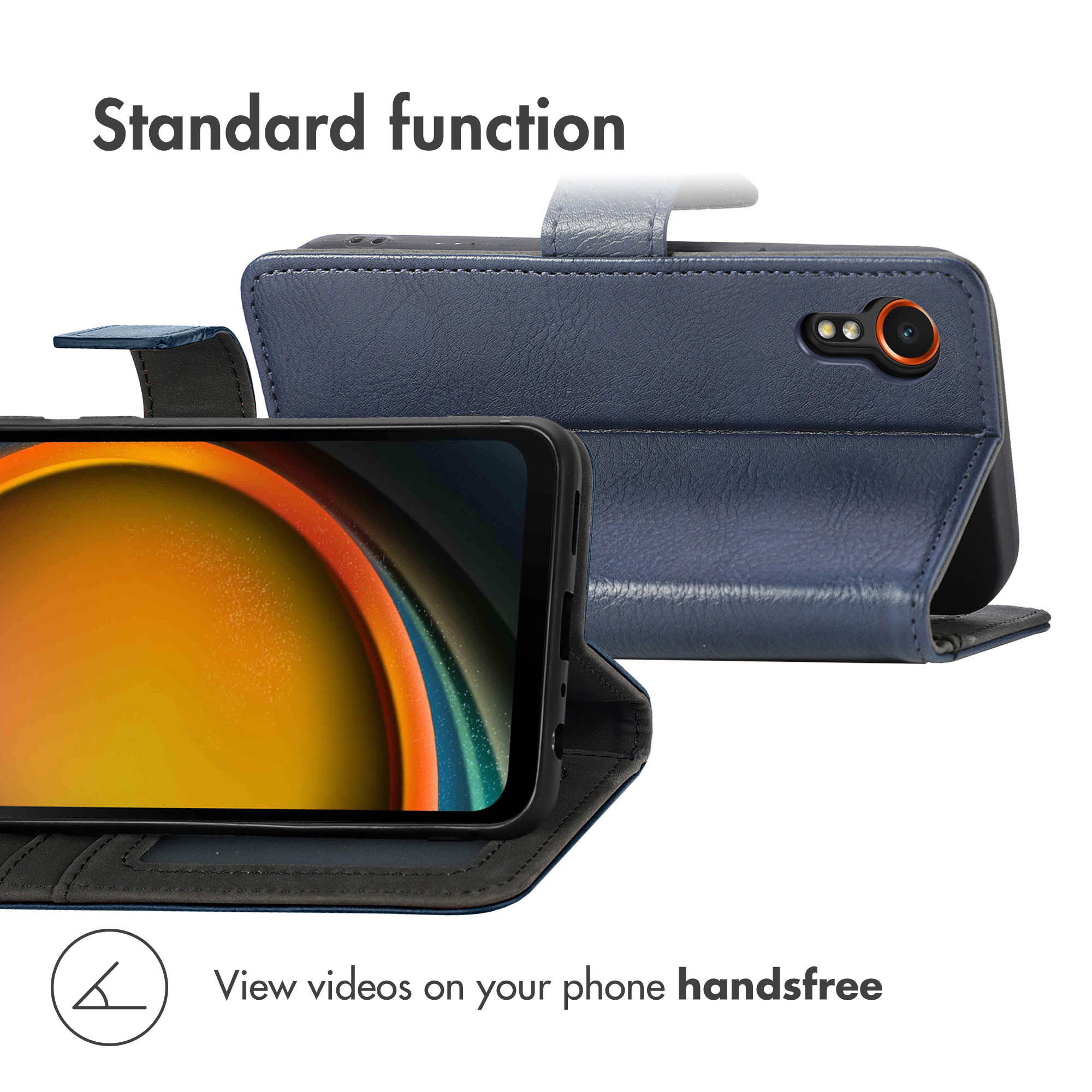 Custodia in pelle blu con funzione di supporto per video vivavoce.