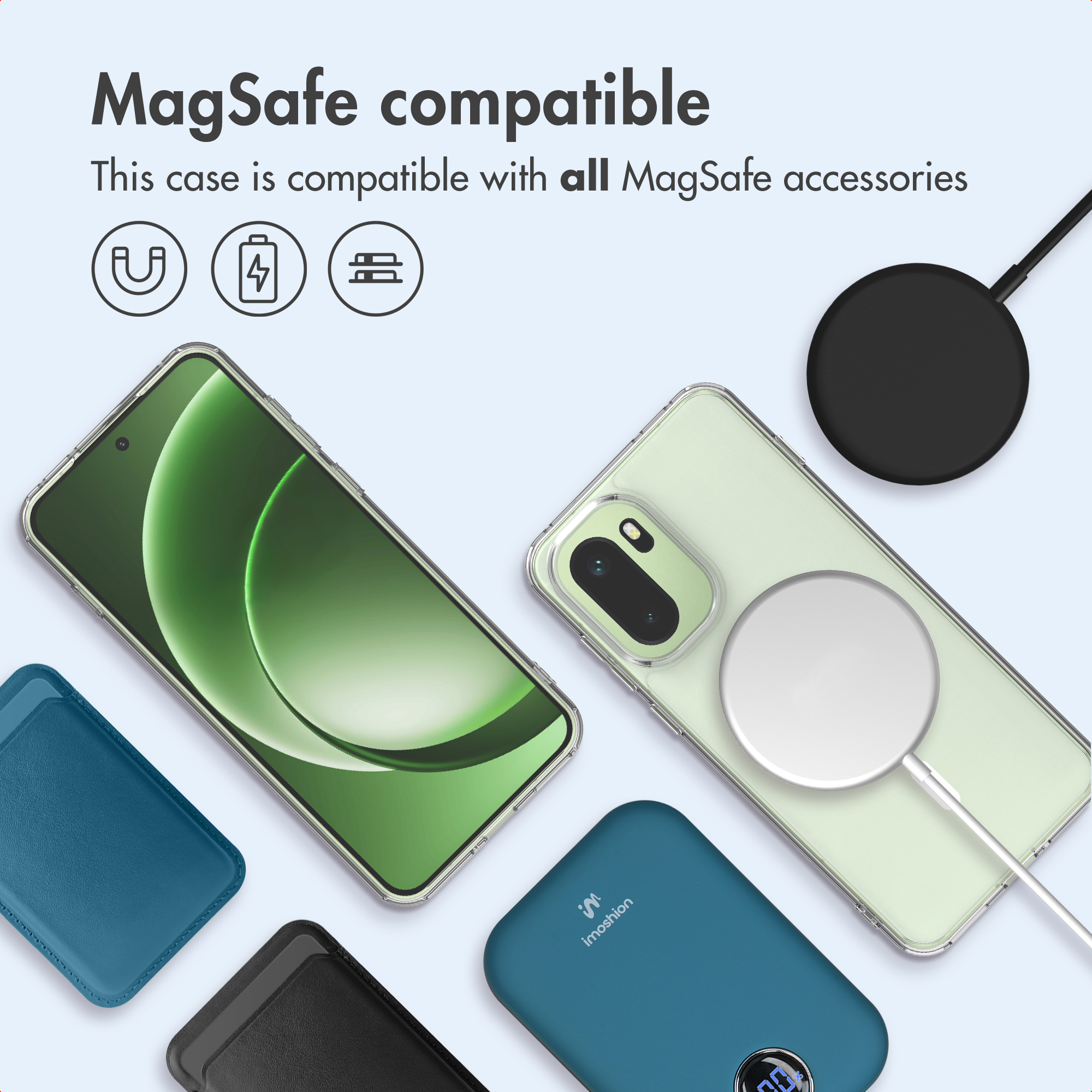 Funda para móvil compatible con MagSafe mostrada con un teléfono, cargador magnético y power bank azul sobre fondo claro.