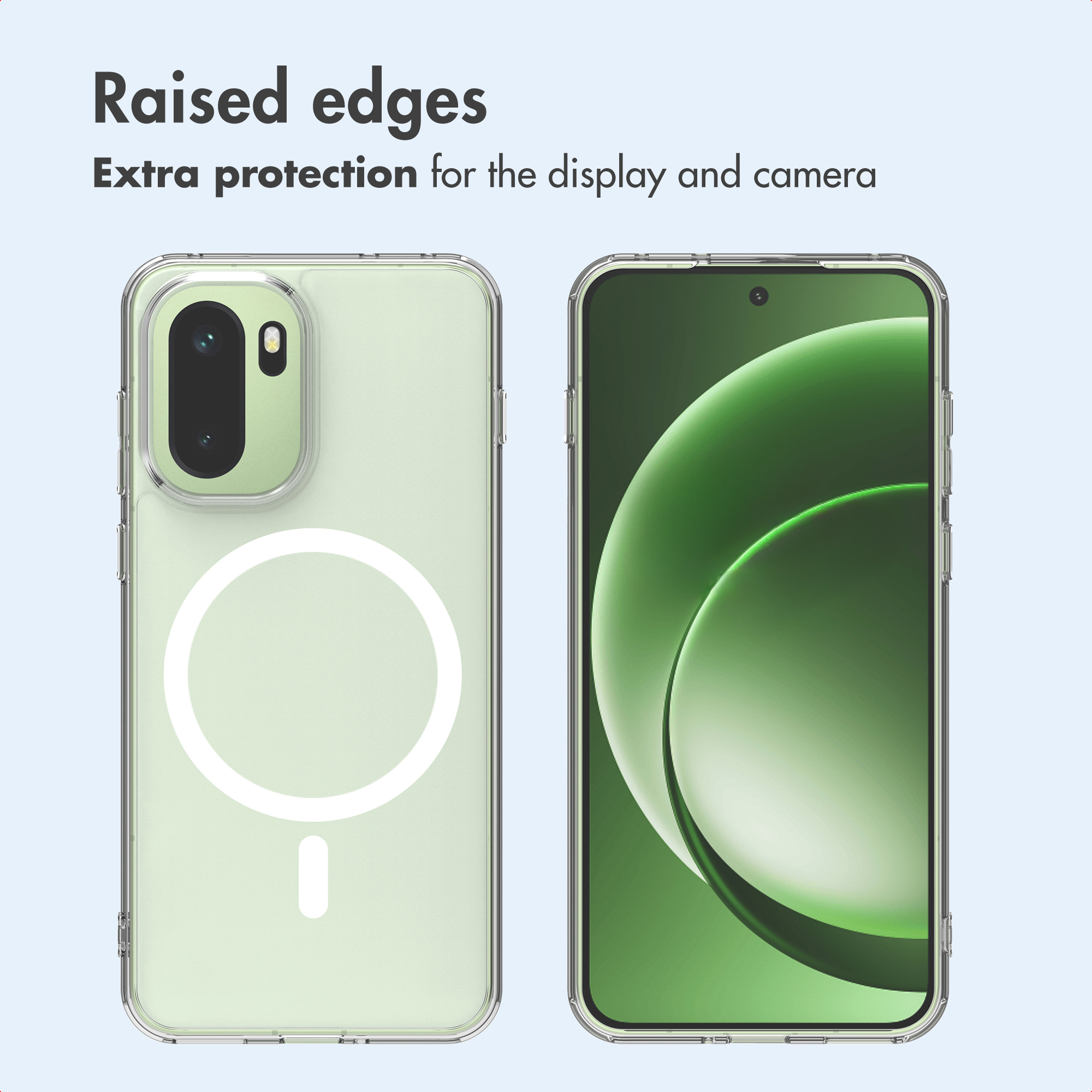 Funda de móvil con bordes elevados que muestra anverso y reverso sobre fondo claro.