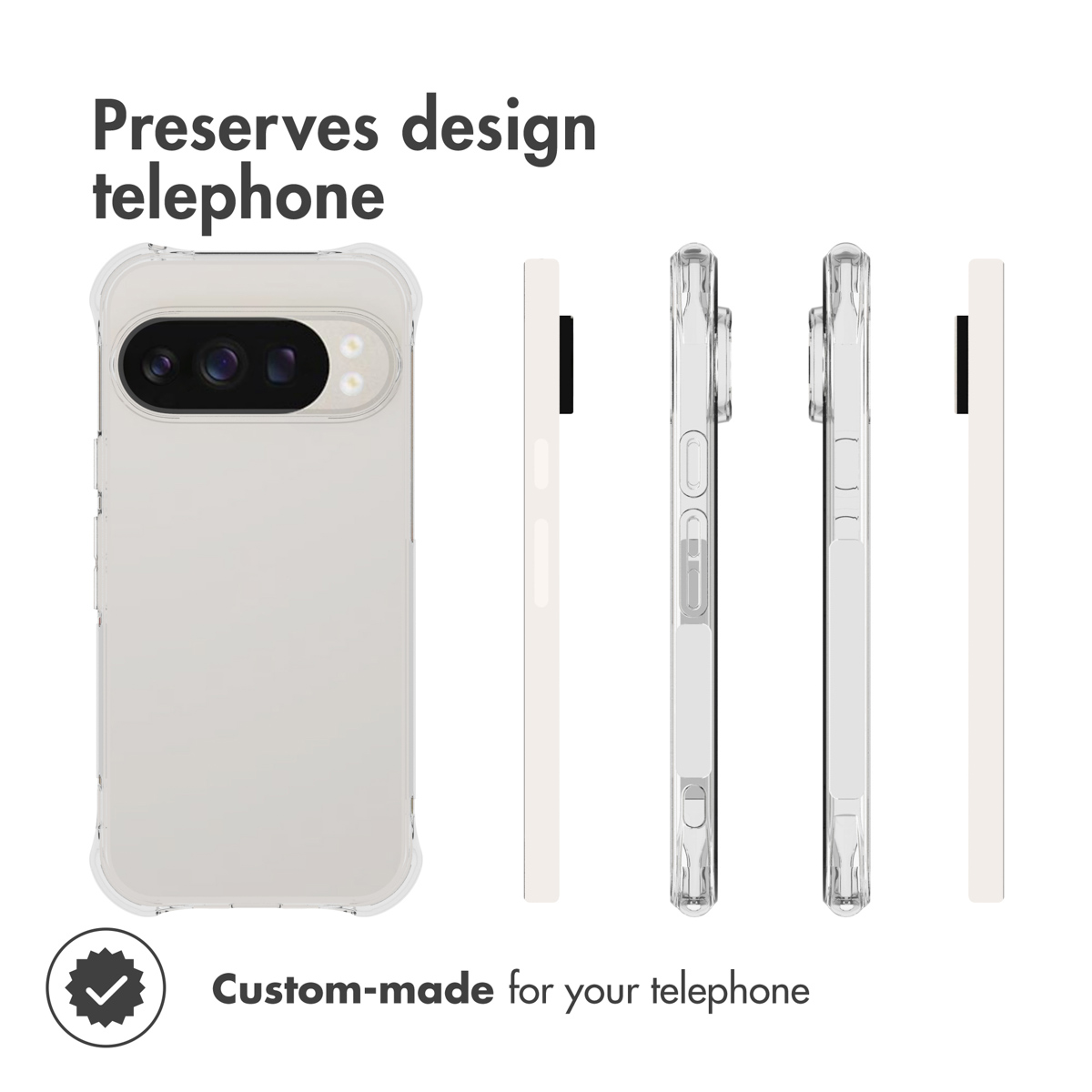 Funda transparente desde varios ángulos con texto sobre el diseño y ajuste personalizado.