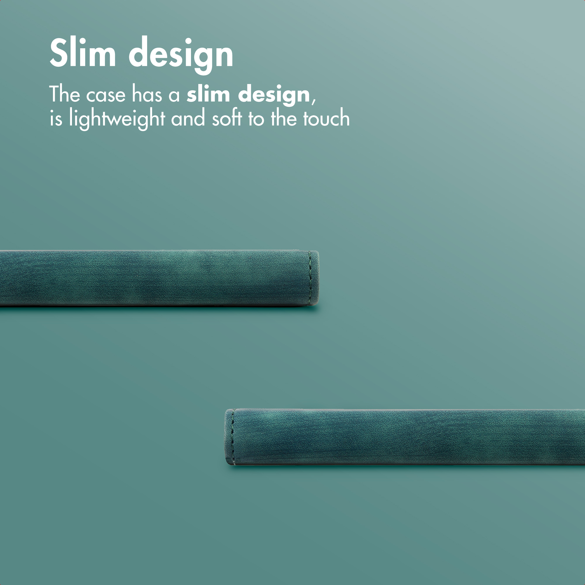 Perfil de funda verde con texto sobre diseño delgado en fondo turquesa.