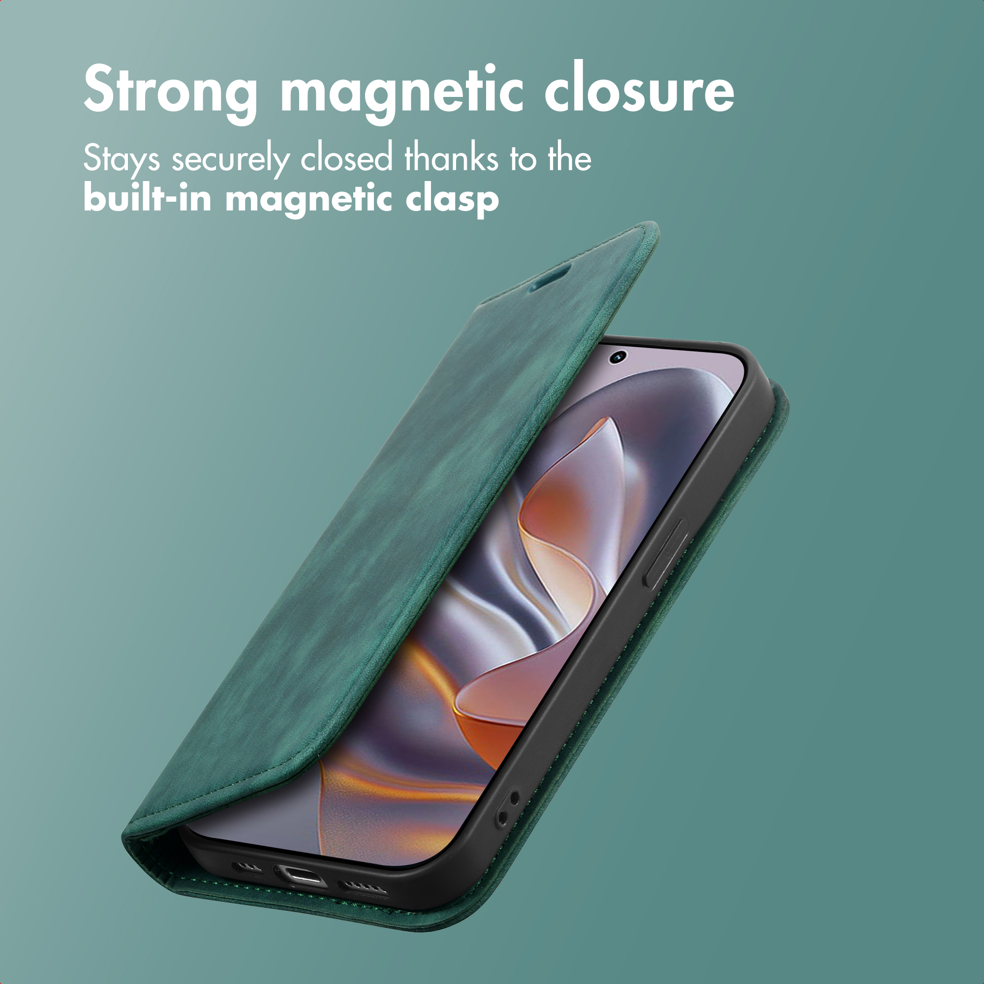 Un smartphone en funda de cuero verde sobre fondo verde azulado, con texto sobre su fuerte cierre magnético.
