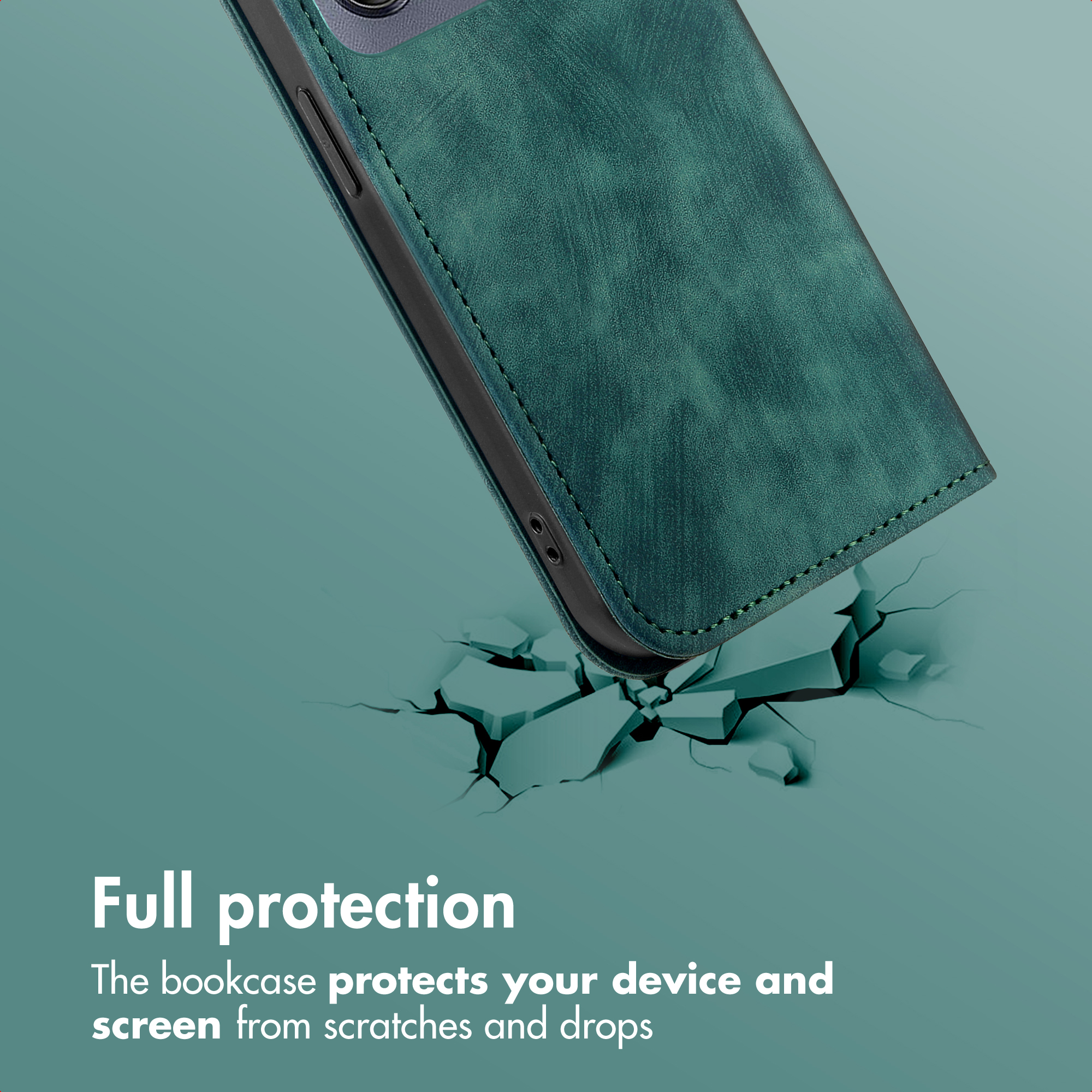 Funda de móvil de cuero verde sobre fondo agrietado, texto Full protection.