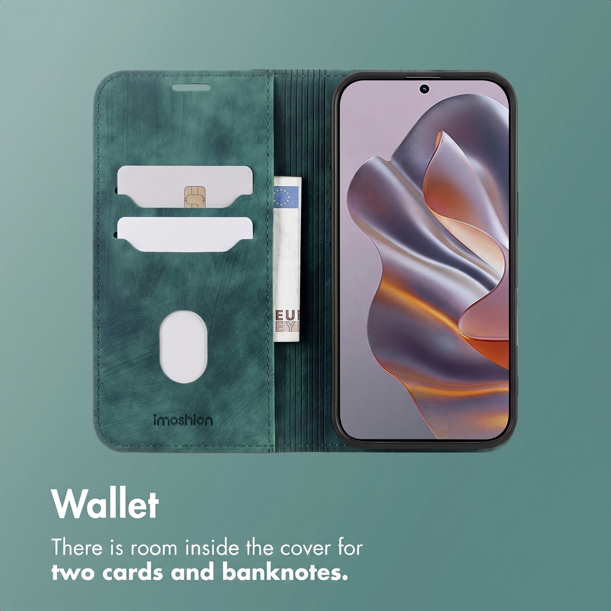 Funda tipo cartera de cuero verde con tarjetero y billete junto a un smartphone.
