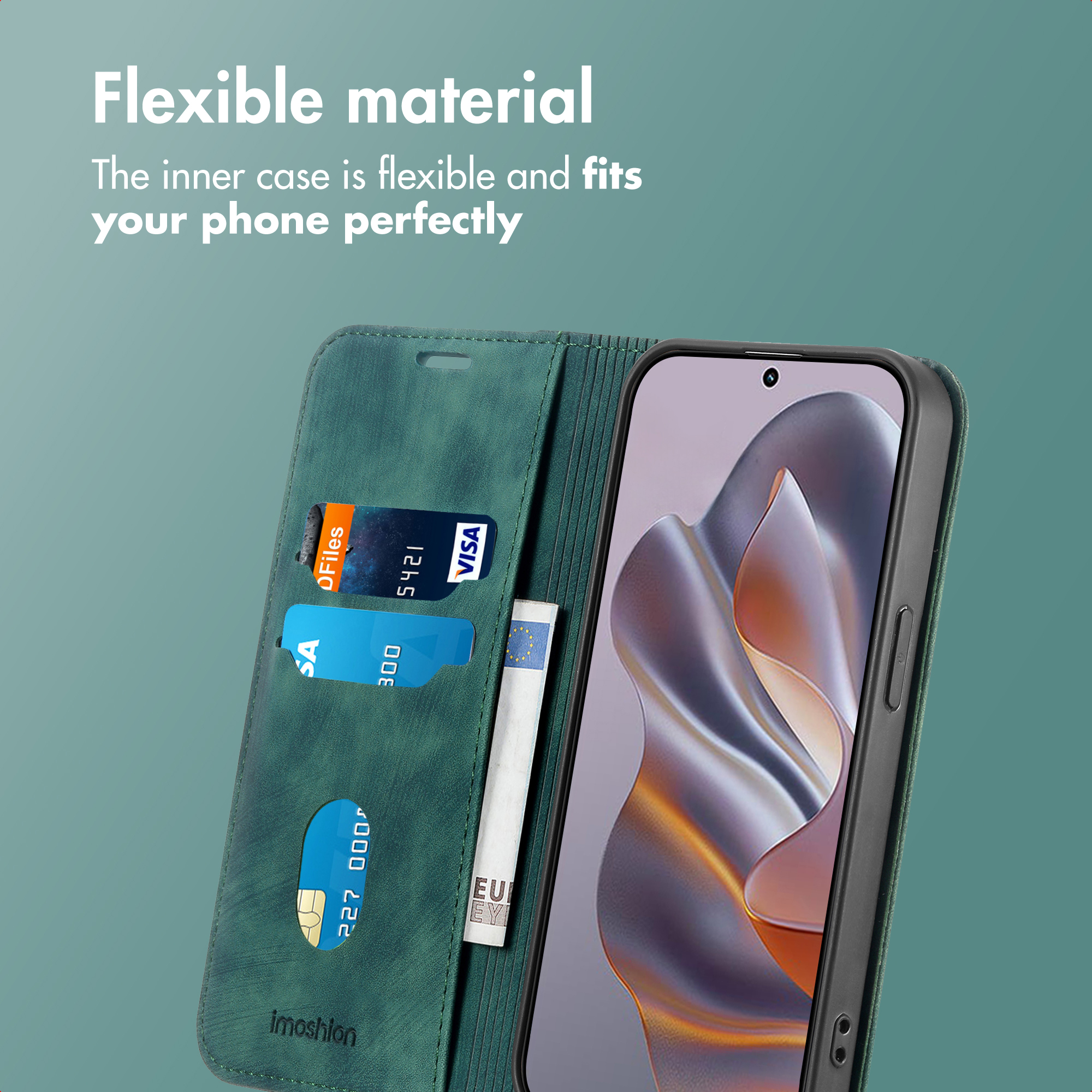 Funda de cuero verde para móvil con tarjetero y smartphone.