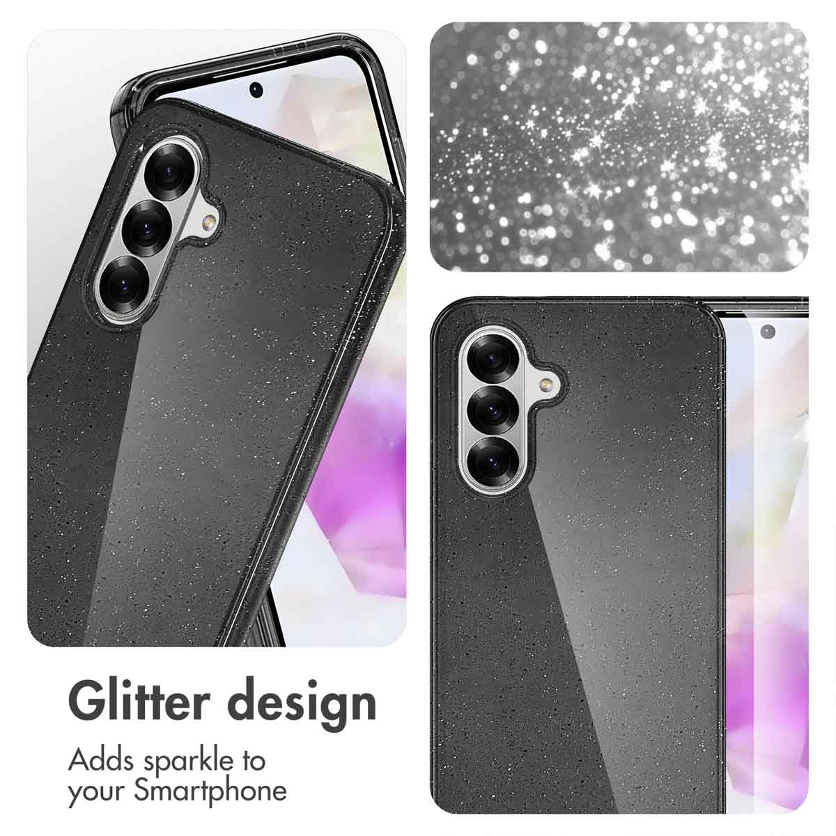Una funda para smartphone con brillantina negra y tres lentes de cámara traseras.