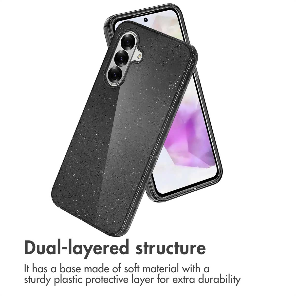 Funda de móvil negra brillante en un smartphone con texto de estructura de doble capa.