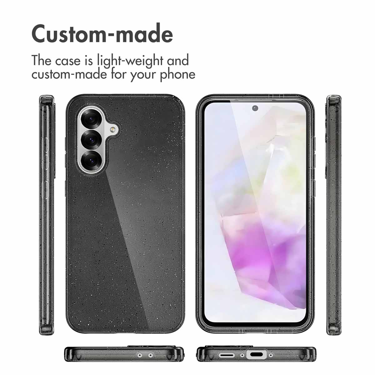 Varias vistas de una funda de smartphone negra y brillante con aberturas para cámara y texto arriba.