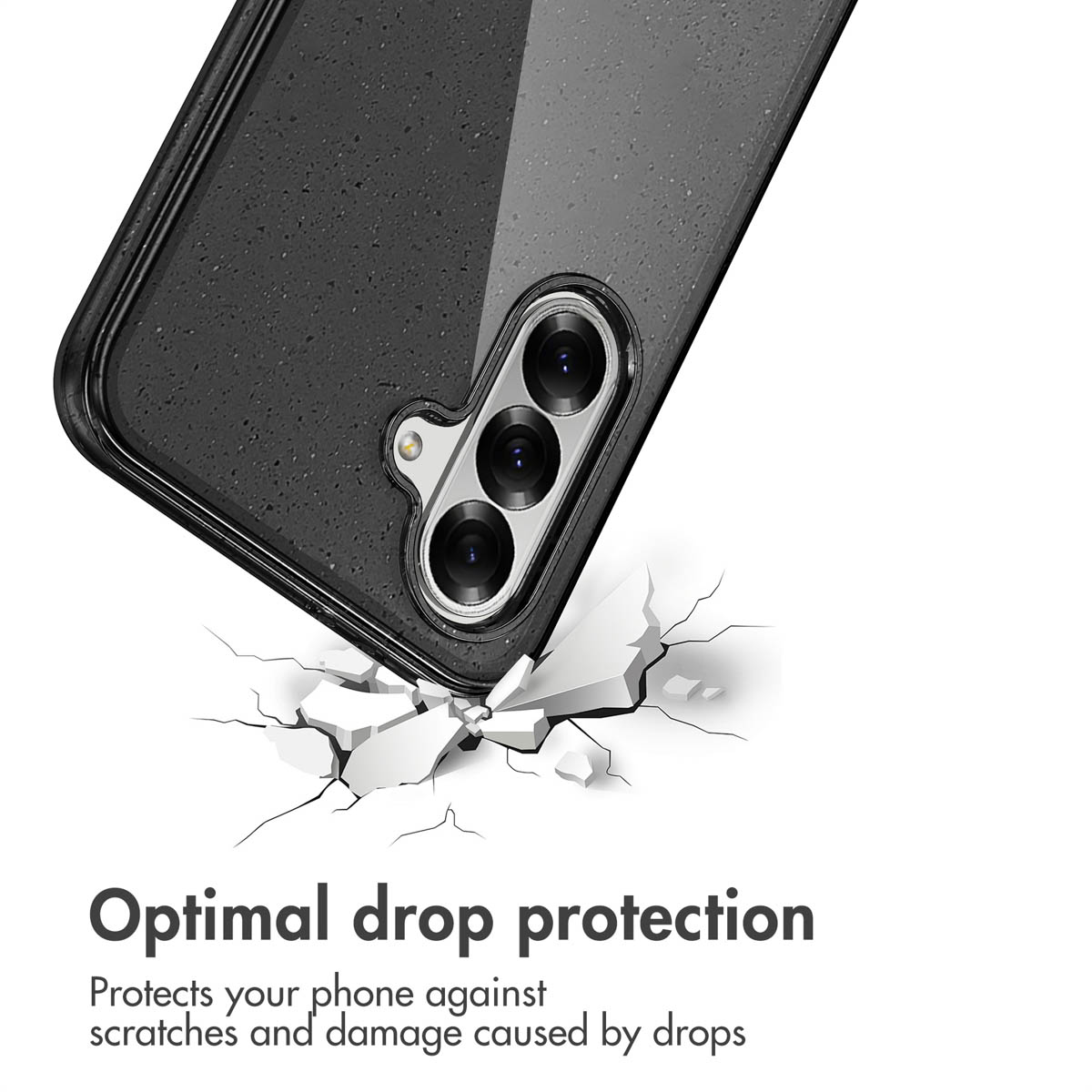 Una funda protege un teléfono inteligente representado sobre suelo agrietado.