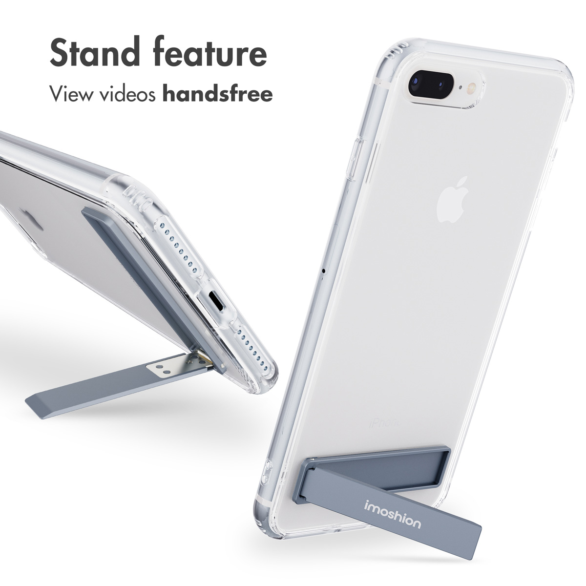 Un iPhone in una custodia trasparente con un supporto blu integrato e aperto per l'uso in vivavoce.