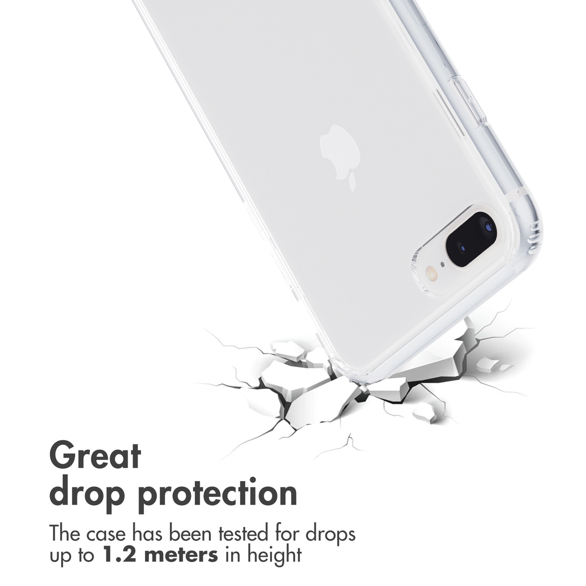 Uno smartphone in una custodia trasparente impatta su un pavimento rotto. Testo sulla protezione dalle cadute.