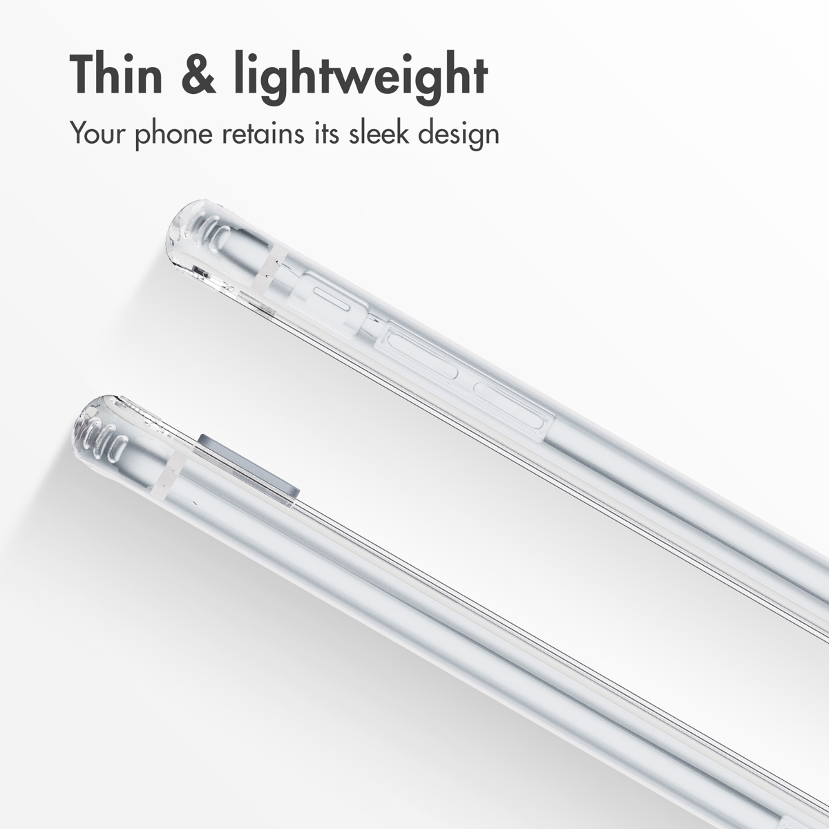 Cover per smartphone sottili e trasparenti su sfondo chiaro con il testo 'Thin & lightweight'.