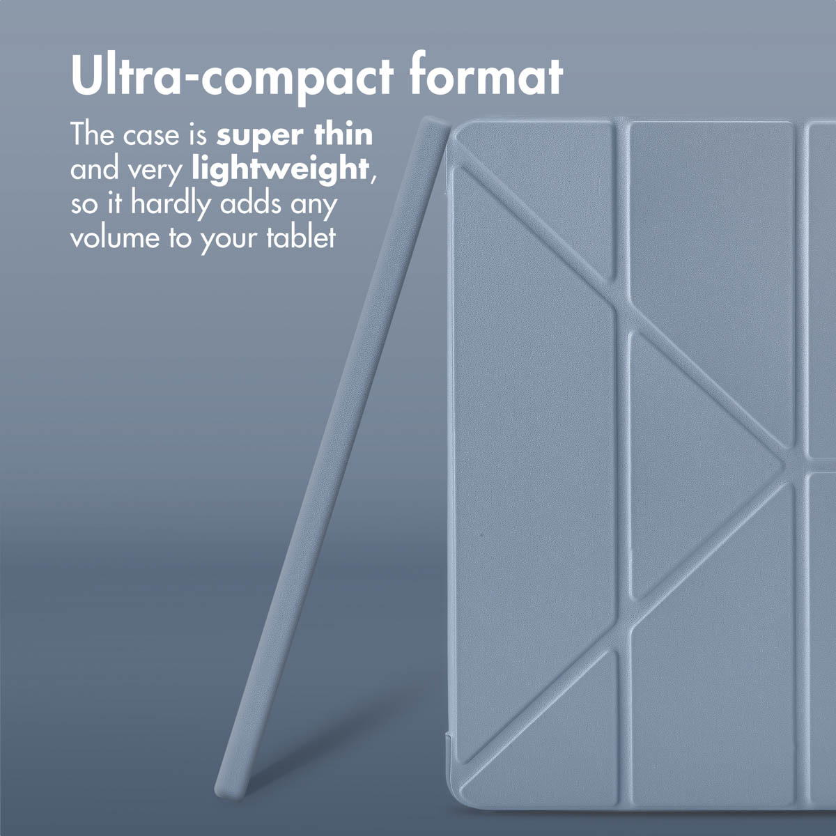 Format ultra-compact, étui de tablette bleu ultra-fin et léger avec motif de pliage géométrique.