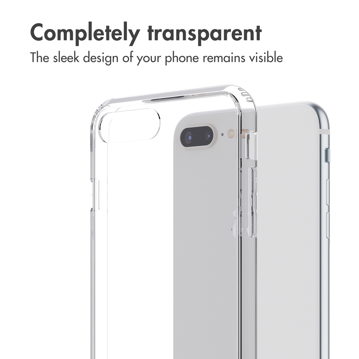 Una custodia trasparente posizionata su uno smartphone bianco con doppia fotocamera.