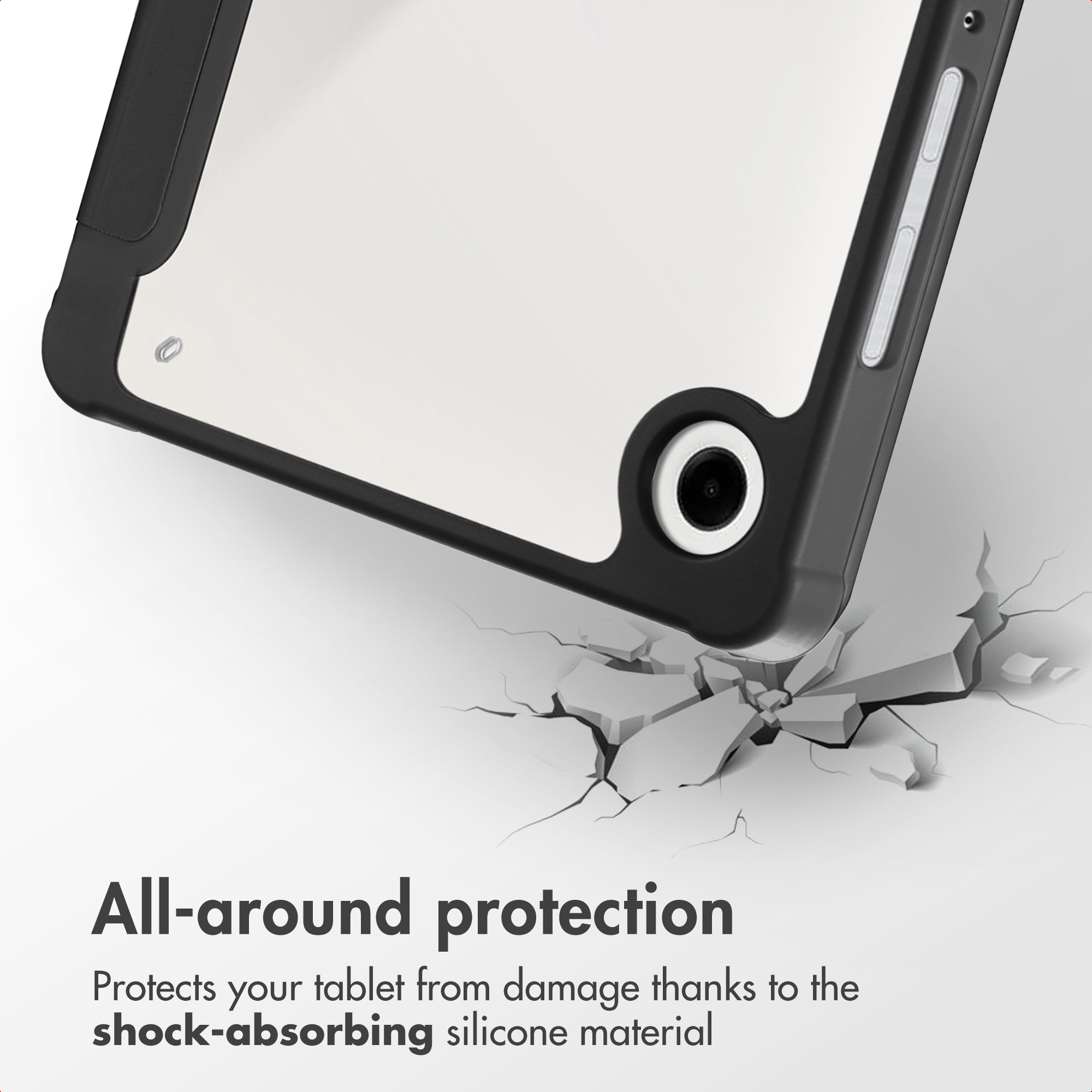 A tablet in a protective case over a cracked floor with text about protection.