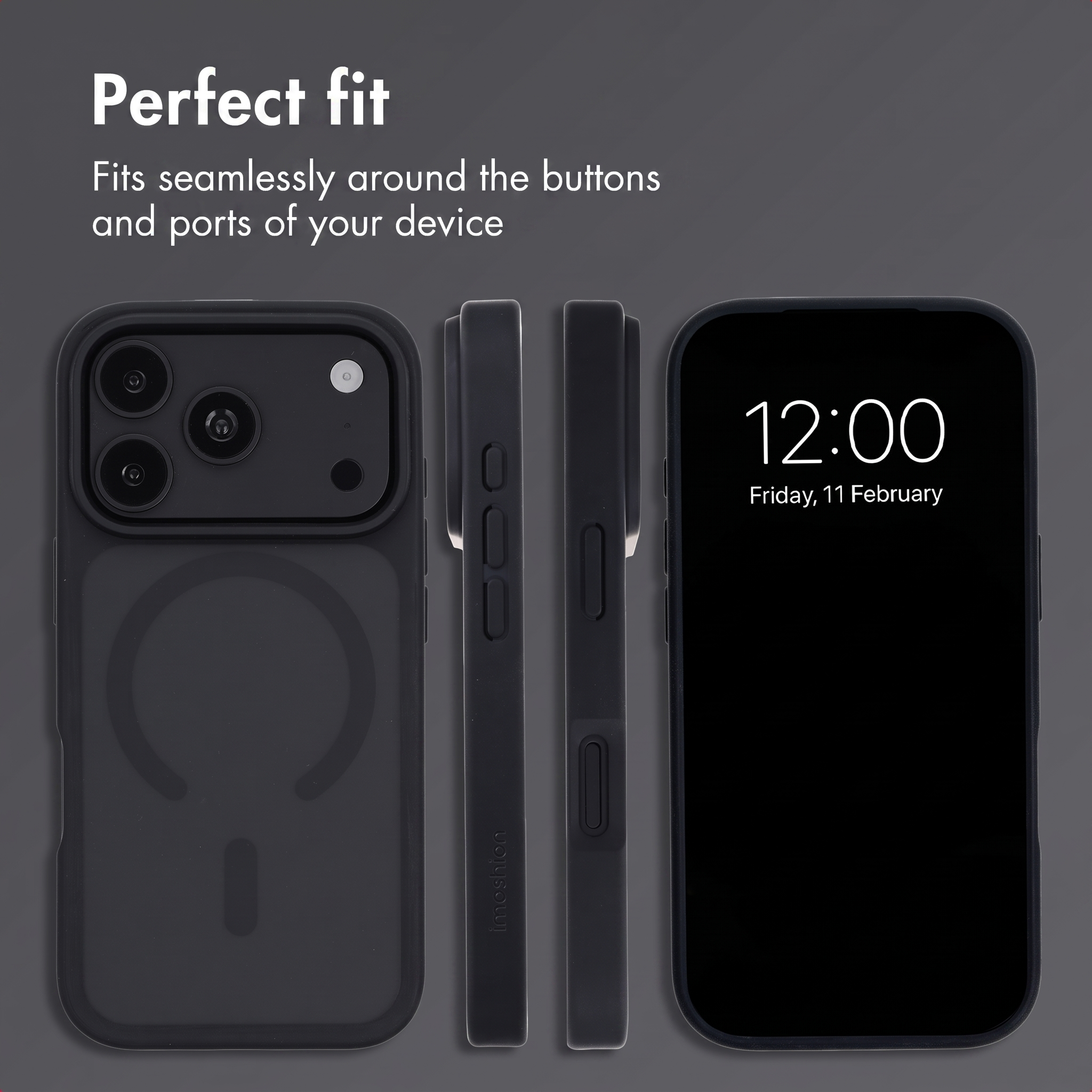 Custodia per telefono nera con aperture per pulsanti, fotocamere e porte, vista da più angolazioni.