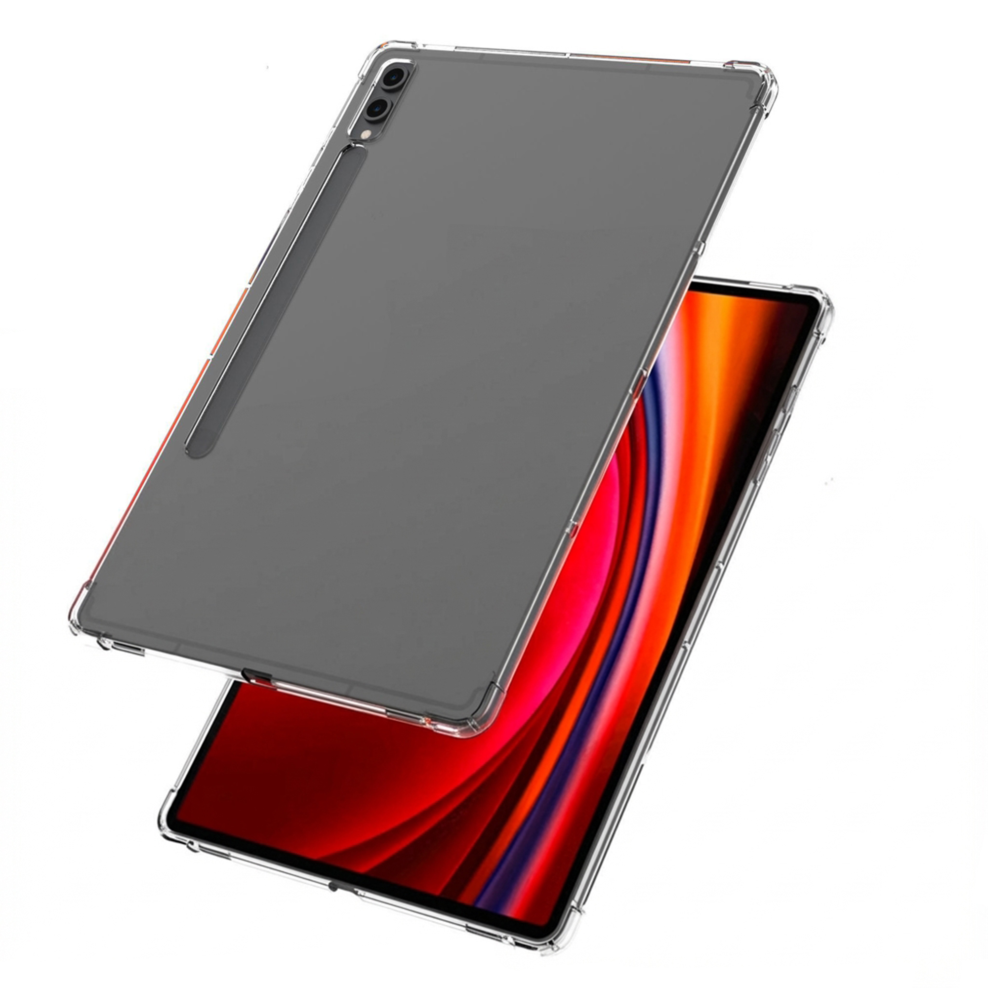 Une tablette sombre dans une coque transparente flotte au-dessus d'une autre affichant un fond d'écran rouge vif.