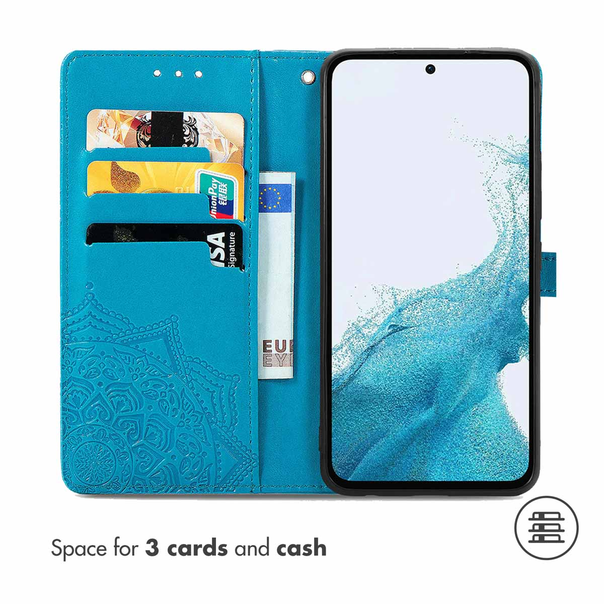 Blaue Lederhülle mit Mandala-Muster, drei Kartenfächern und einem Smartphone.