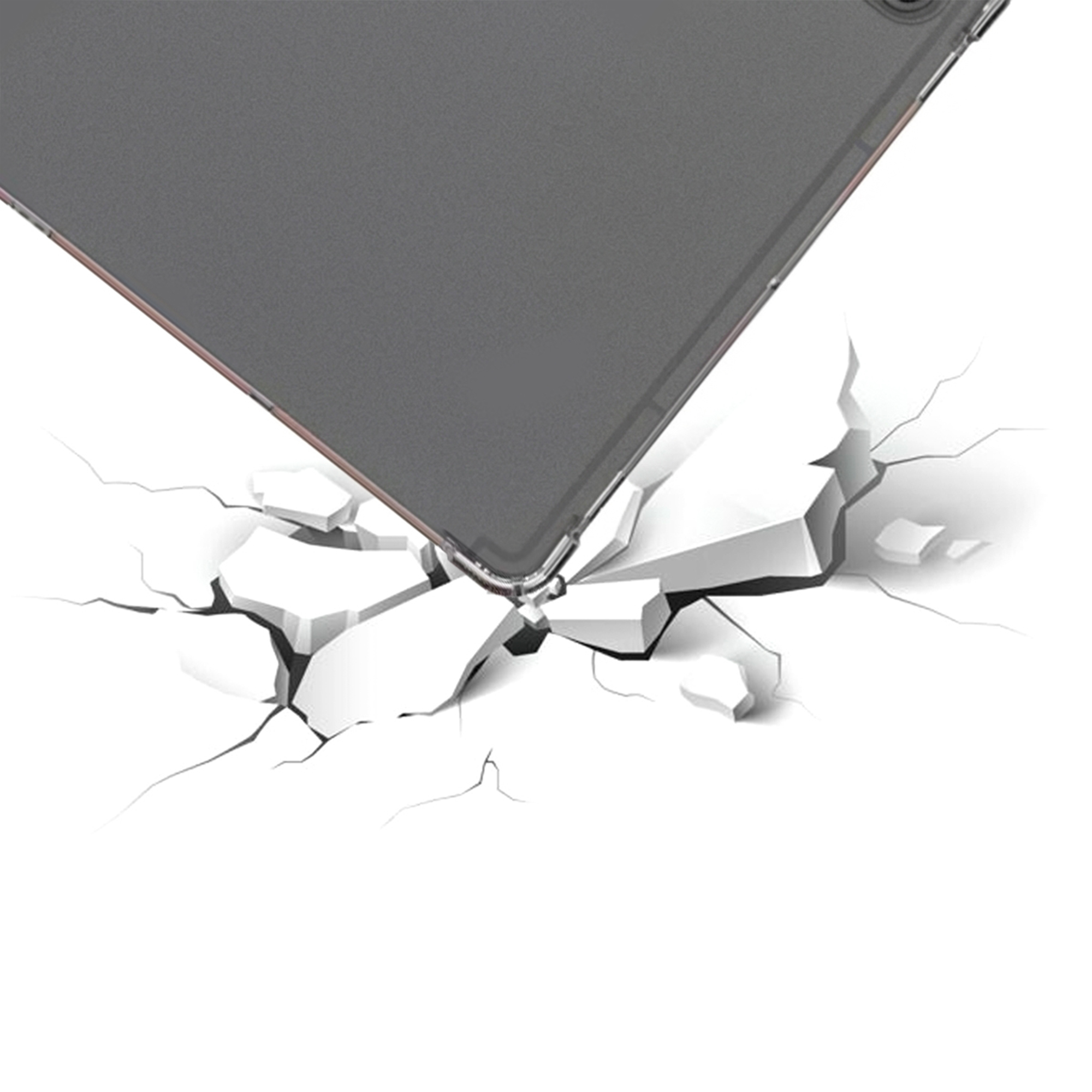 Une tablette grise percute une surface blanche et fracturée avec des fissures et des débris.