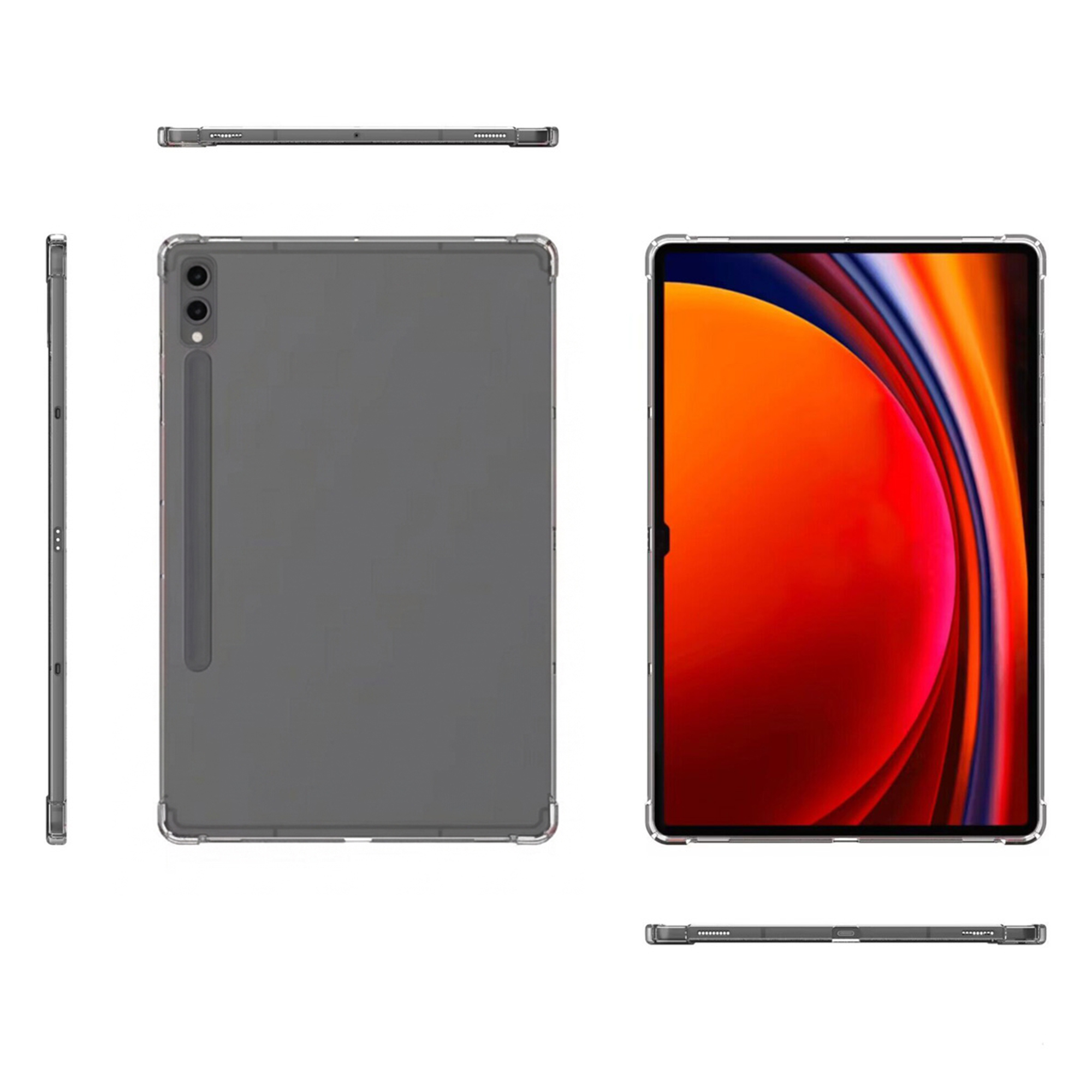 Plusieurs vues d'une tablette grise dans une coque transparente, montrant le dos, les côtés et un écran coloré.