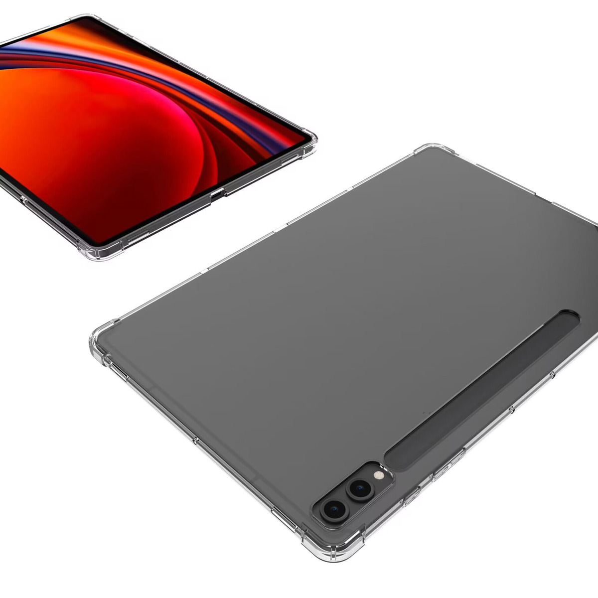 Une tablette avec coque transparente, fond abstrait rouge et noir à l'écran et appareil photo au dos.