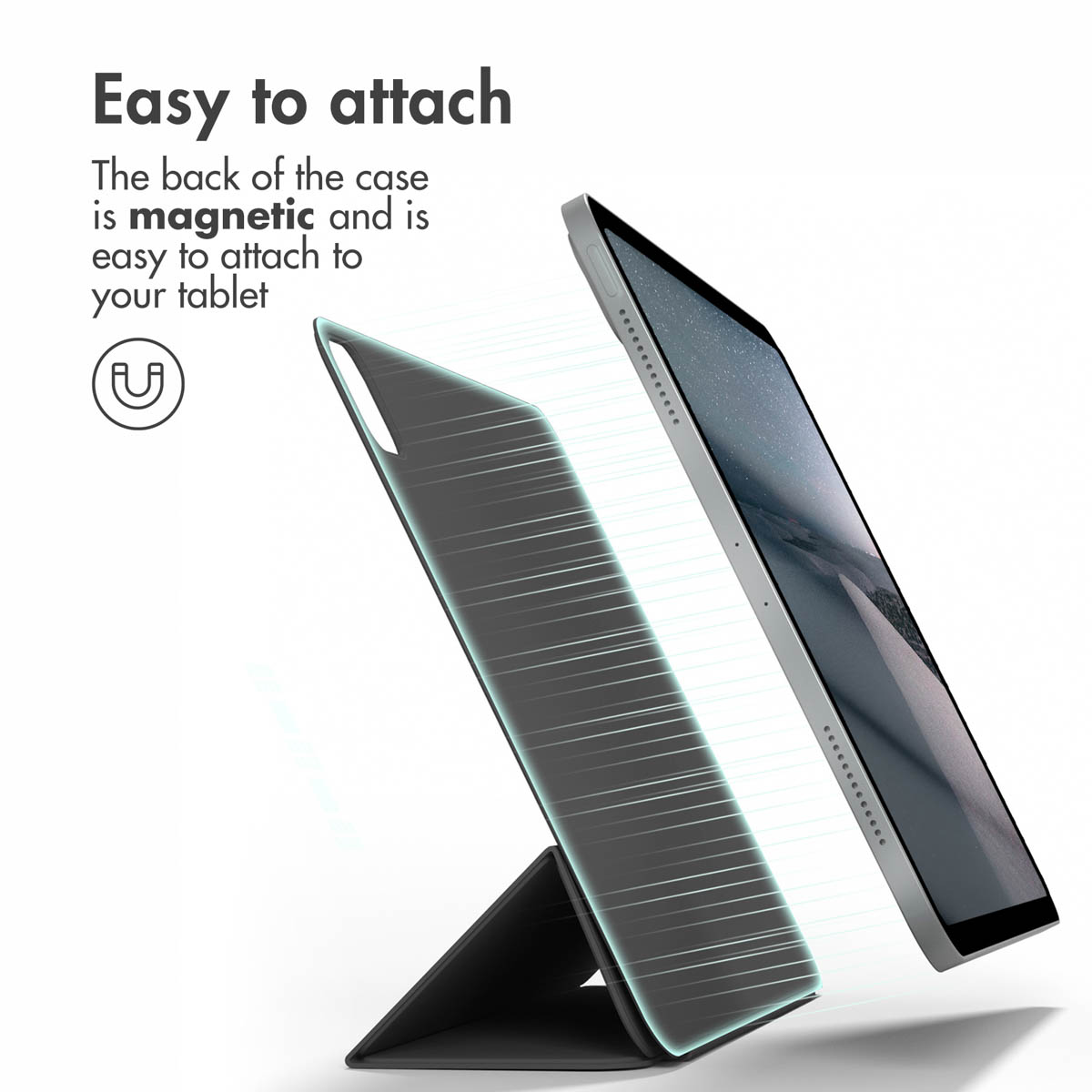 Custodia magnetica per tablet che mostra il facile aggancio al dispositivo.