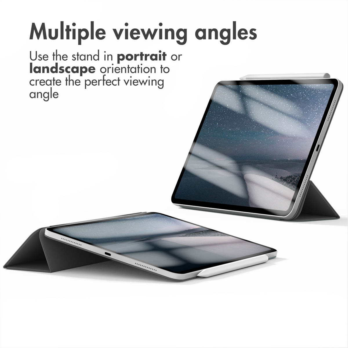 Due tablet con supporti grigi in orientamento verticale e orizzontale con testo sopra.