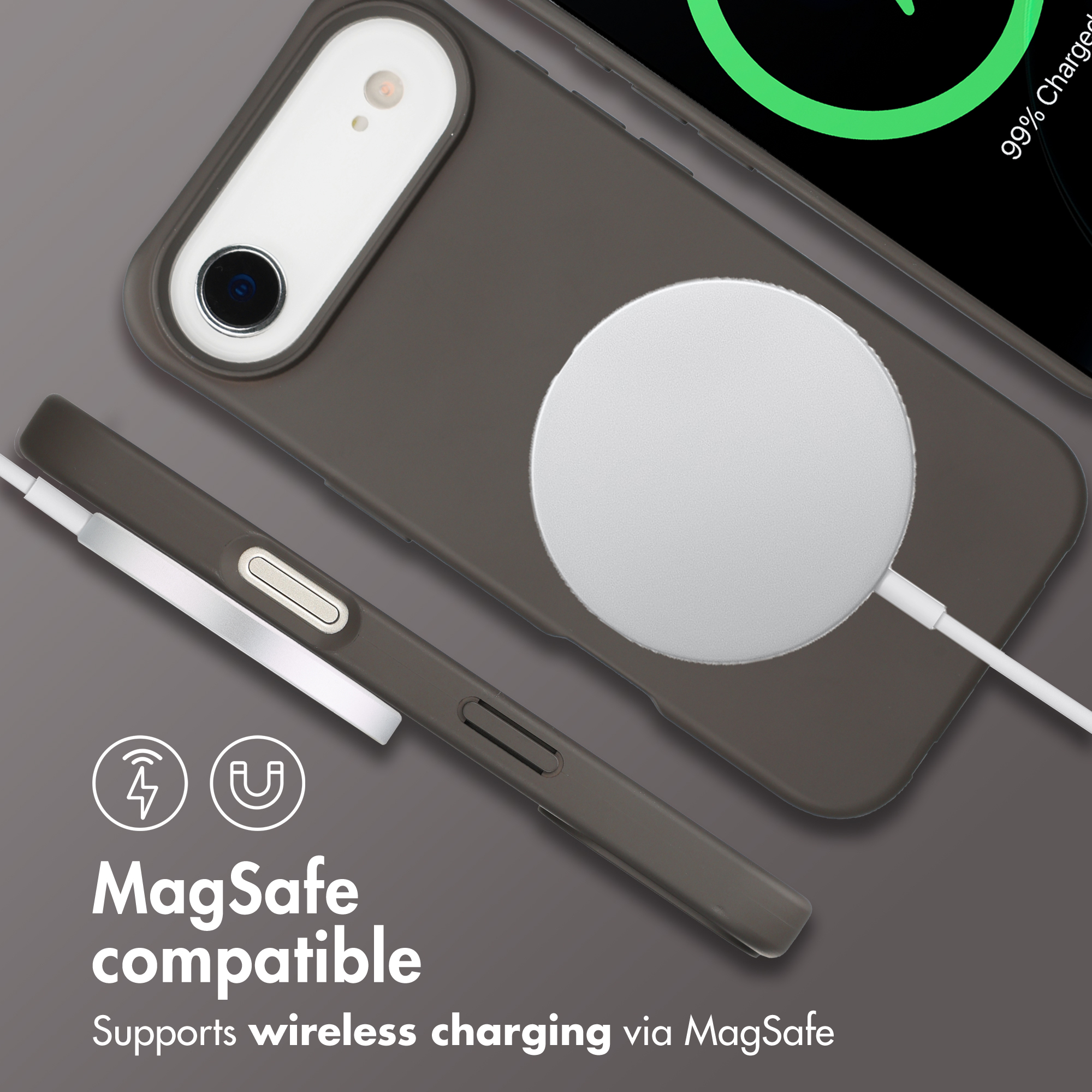 MagSafe-kompatible Handyhülle in Grau mit kabelloser Ladefunktion und integriertem Magneten.