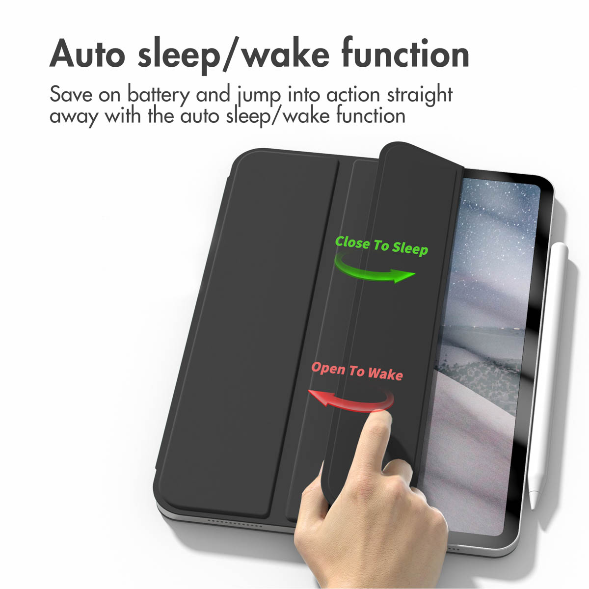 Un tablet con custodia protettiva dimostra la funzione di sospensione e riattivazione.