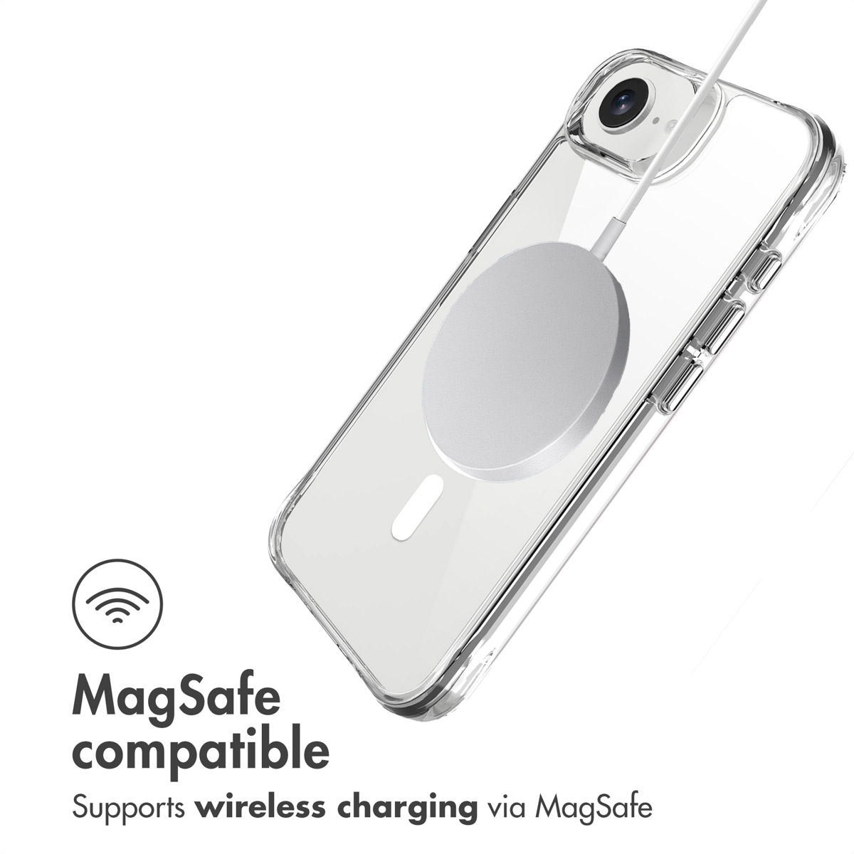 Une coque transparente avec un chargeur MagSafe fixé à l'arrière, sur fond blanc avec du texte.