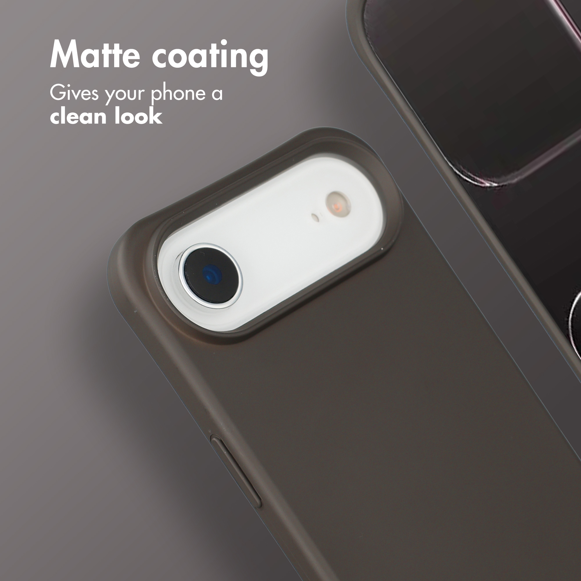Eine matte Handyhülle in Grau zeigt die Kamera auf der Rückseite mit dem Text Matte coating.