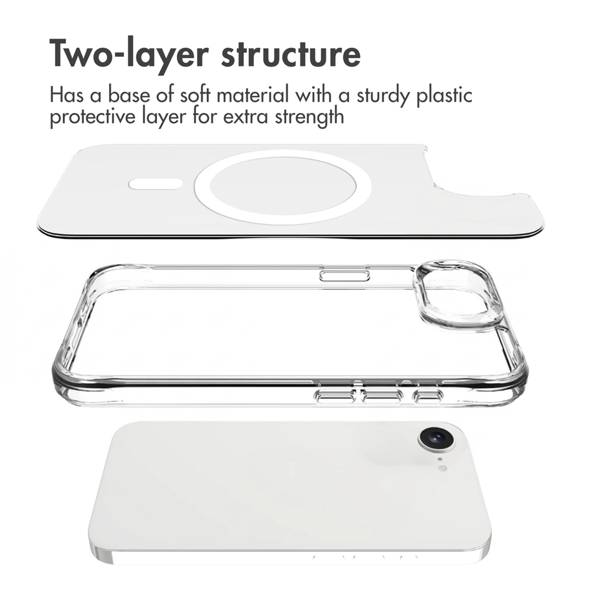 Le diagramme montre la structure à deux couches d'une coque de téléphone avec une base souple.