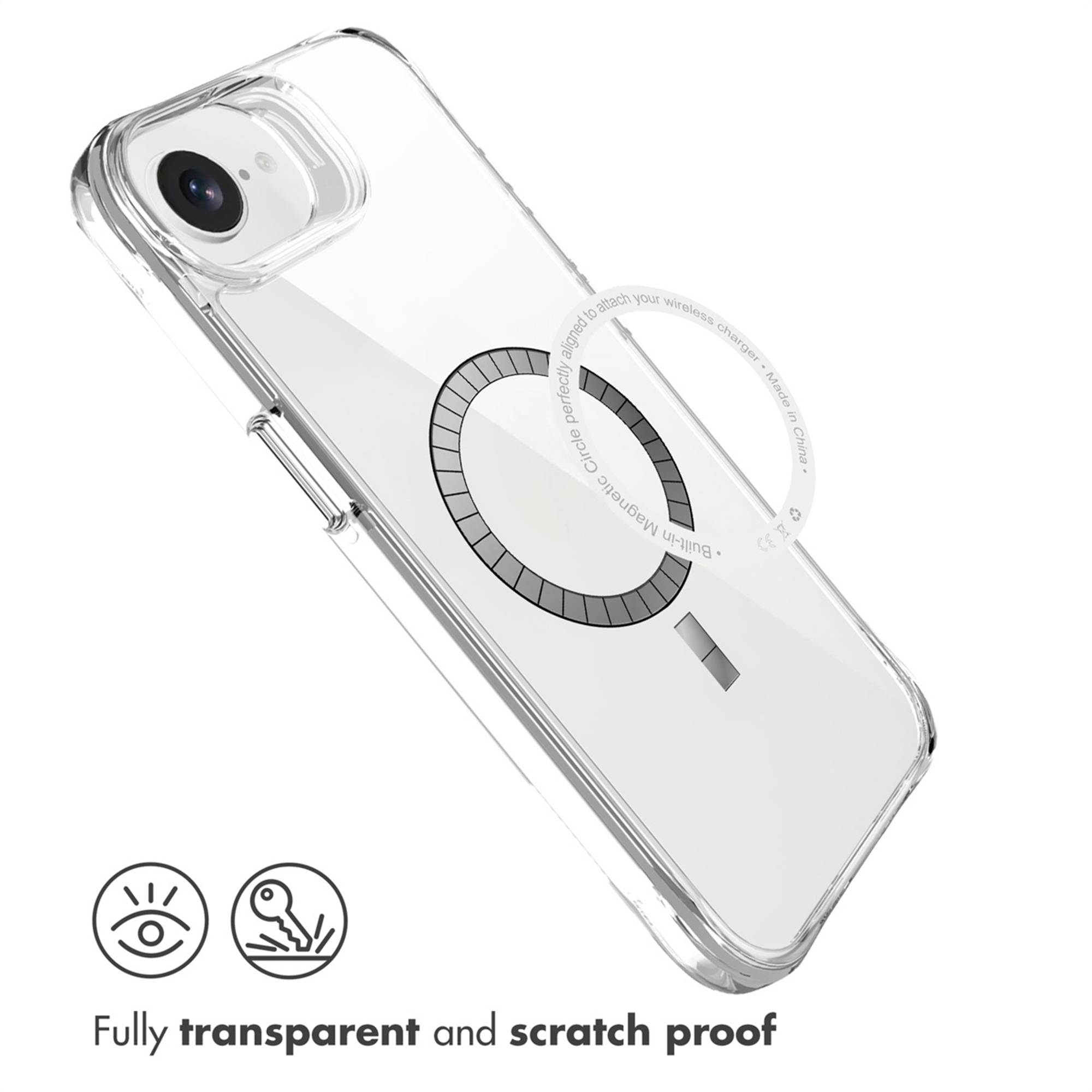 Une coque de téléphone transparente avec anneau magnétique, résistante aux rayures, sur fond blanc.