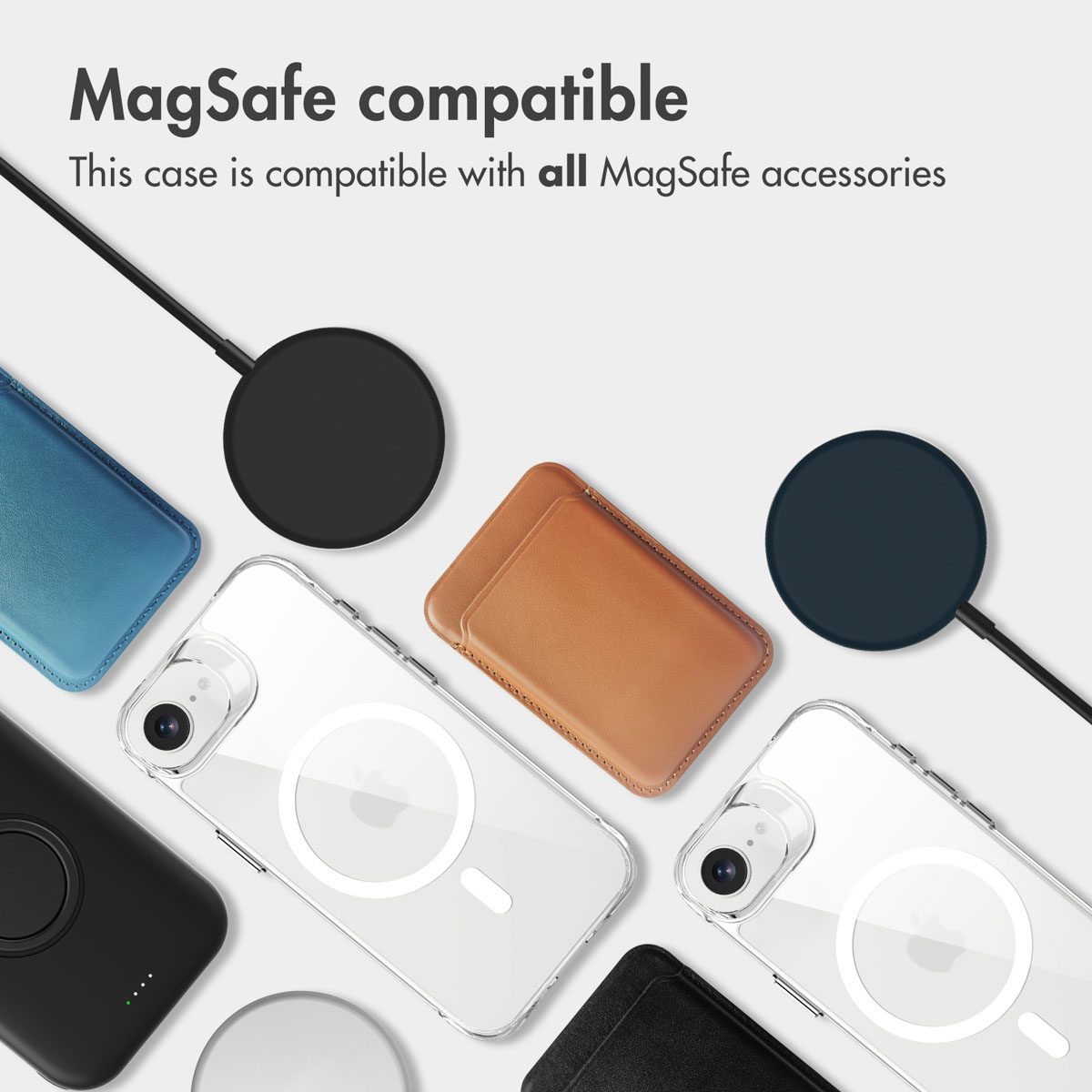 Accessoires compatibles MagSafe avec iPhone, coques, portefeuilles et chargeurs sur fond clair.