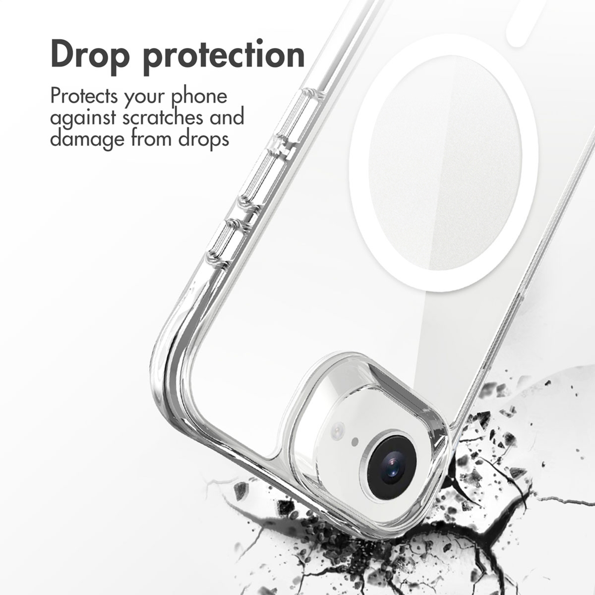 Coque de téléphone transparente avec anneau MagSafe sur fond craquelé, texte : Drop protection.