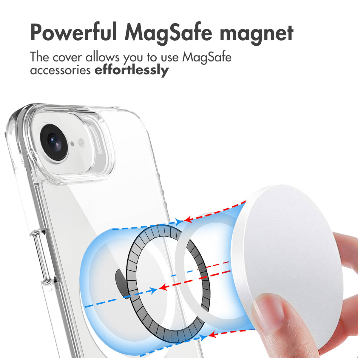 Une coque de téléphone transparente avec un anneau magnétique MagSafe et une main tenant un chargeur.