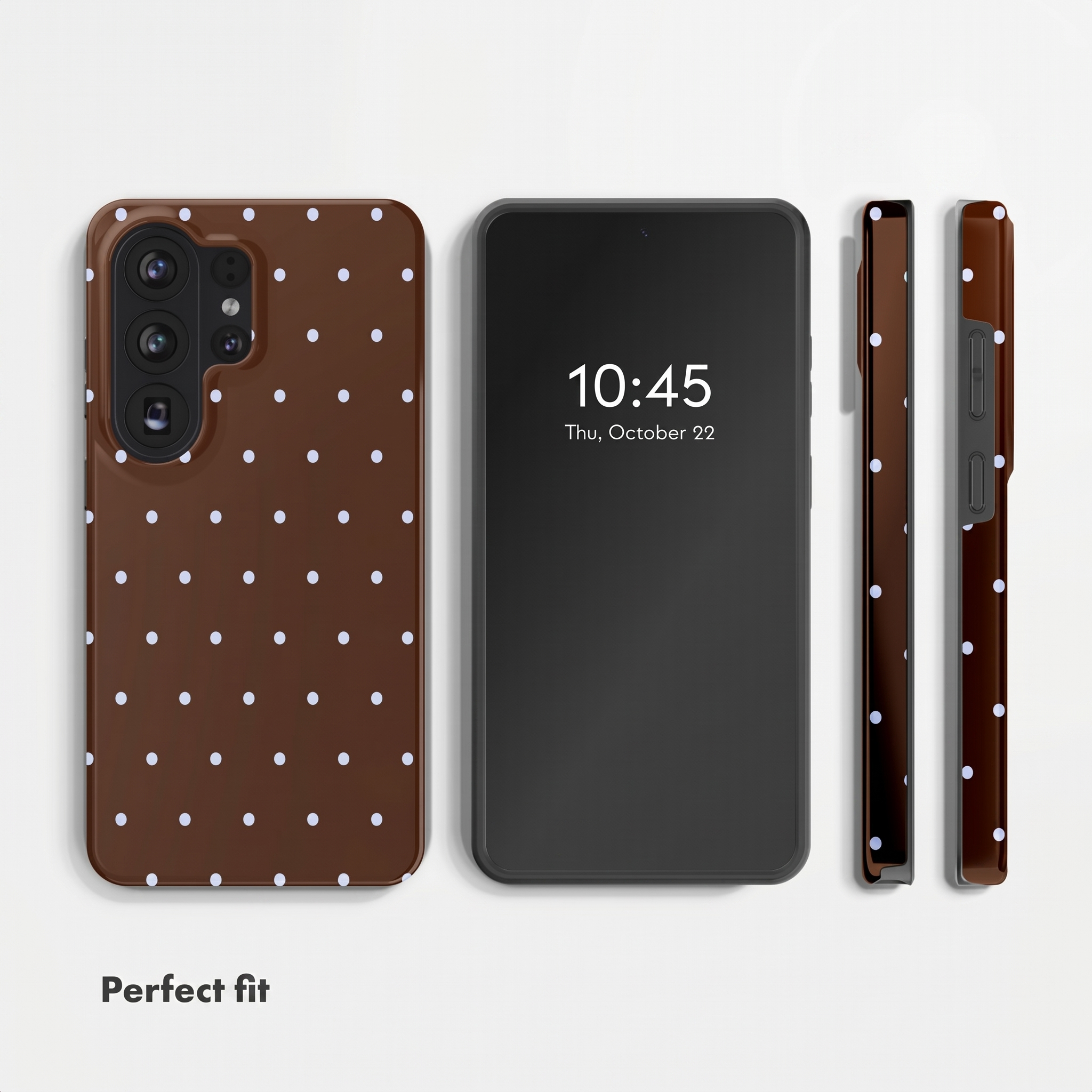 Un teléfono con funda marrón de puntos blancos, visto de frente, de espaldas y de lado.