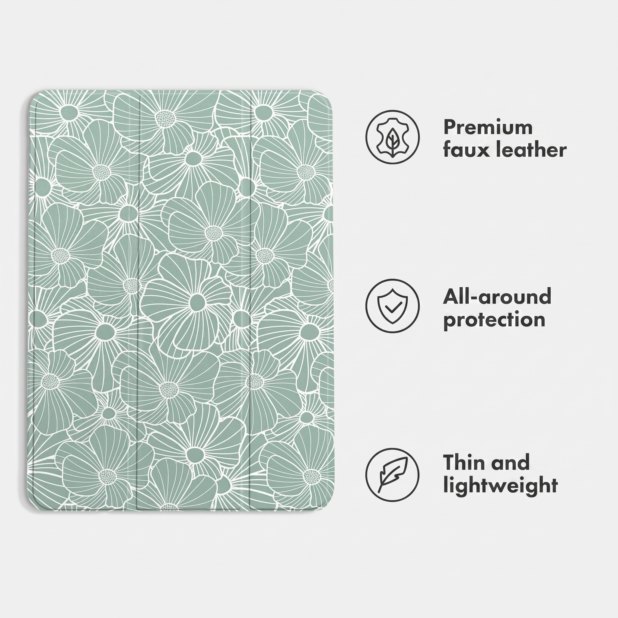 Custodia verde per tablet con motivo floreale bianco e tre icone accanto.