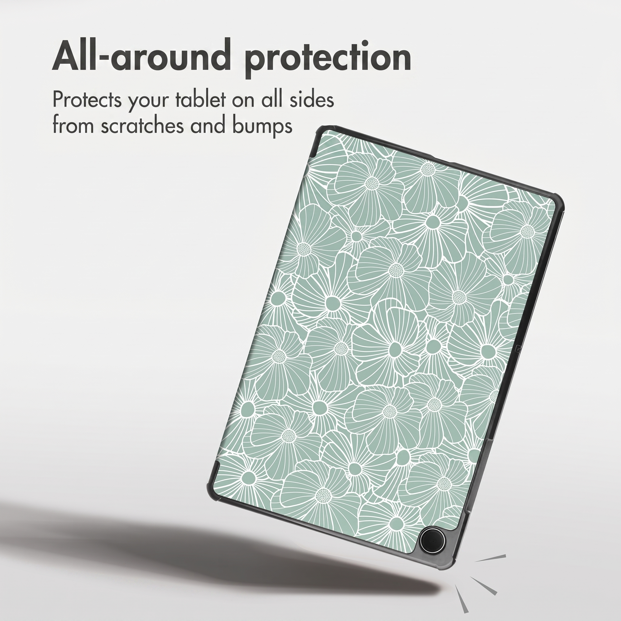 Un tablet con custodia floreale verde fluttua su sfondo bianco con testo.
