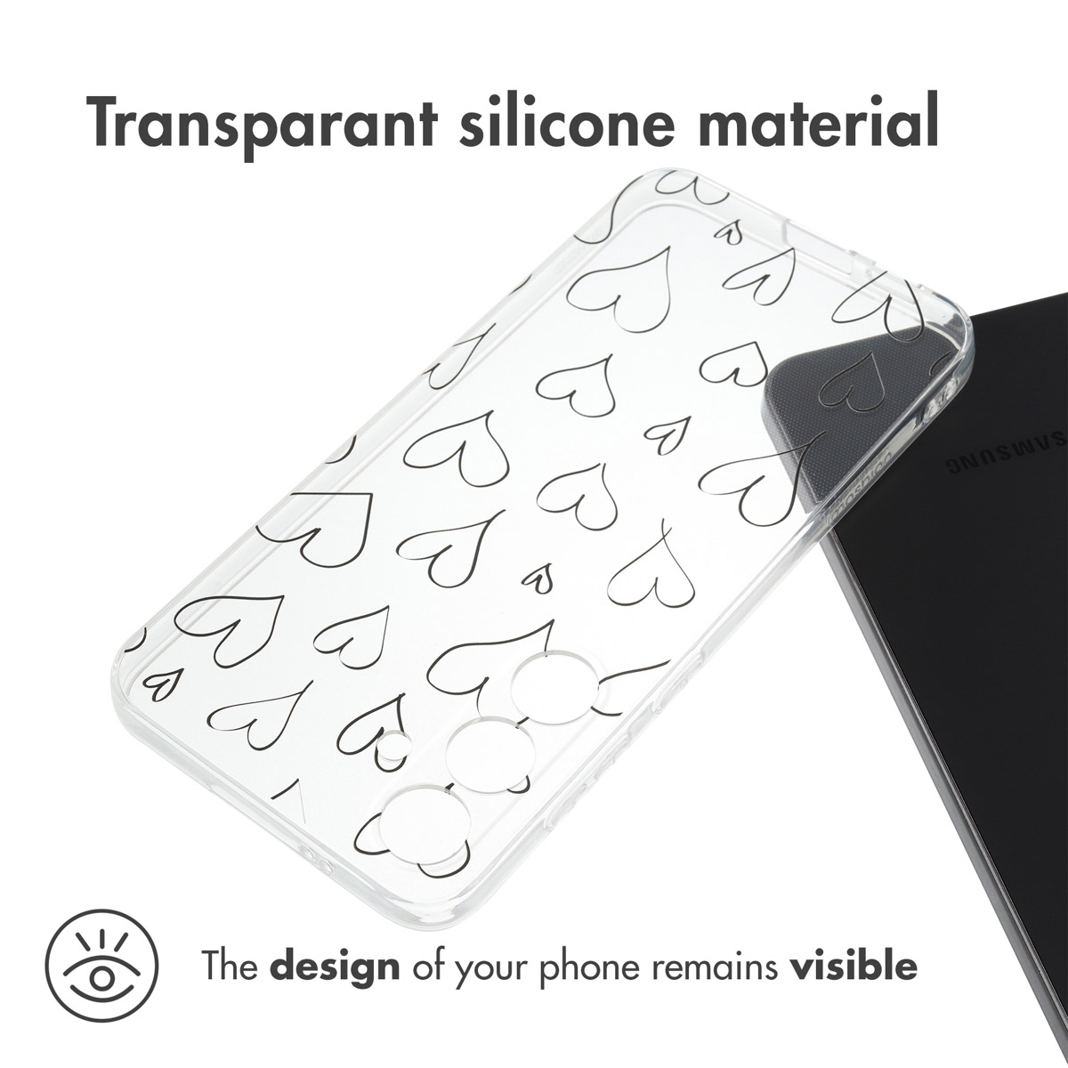 Funda de móvil de silicona transparente con estampado de corazones negros, junto a un smartphone negro.