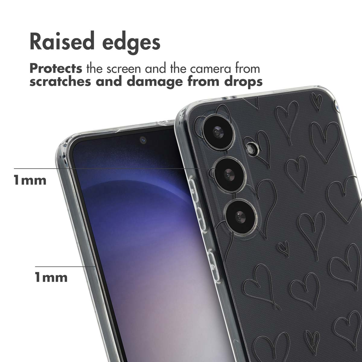Los bordes elevados de 1 mm protegen la pantalla y la cámara de un smartphone con funda de corazones.