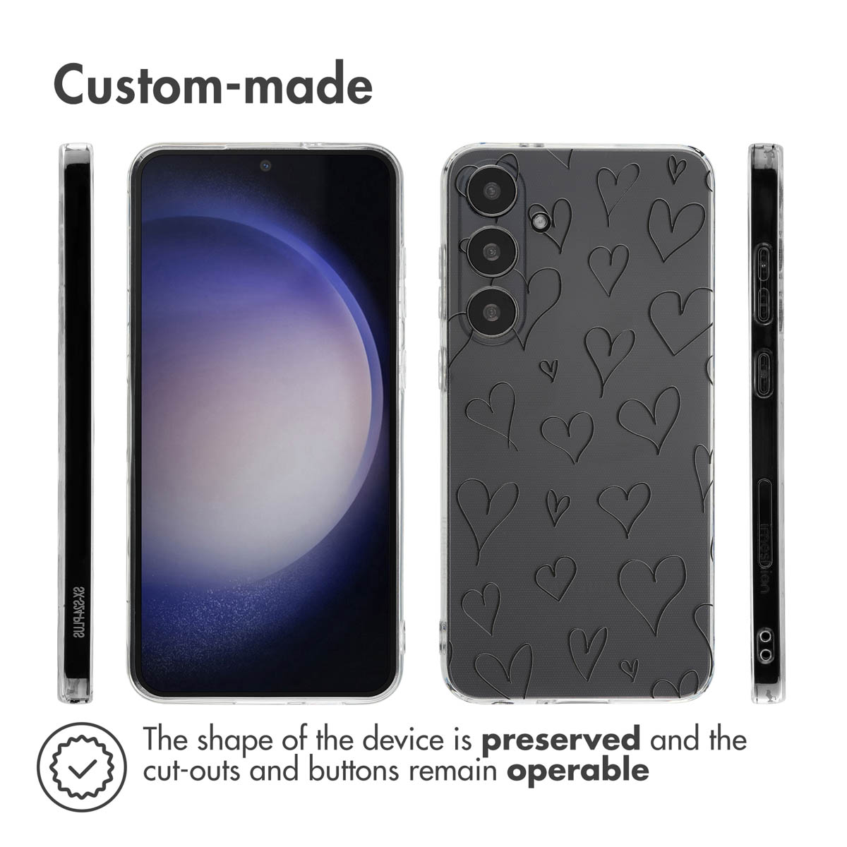 Funda transparente para teléfono a medida con patrón de corazones mostrada desde varios ángulos.