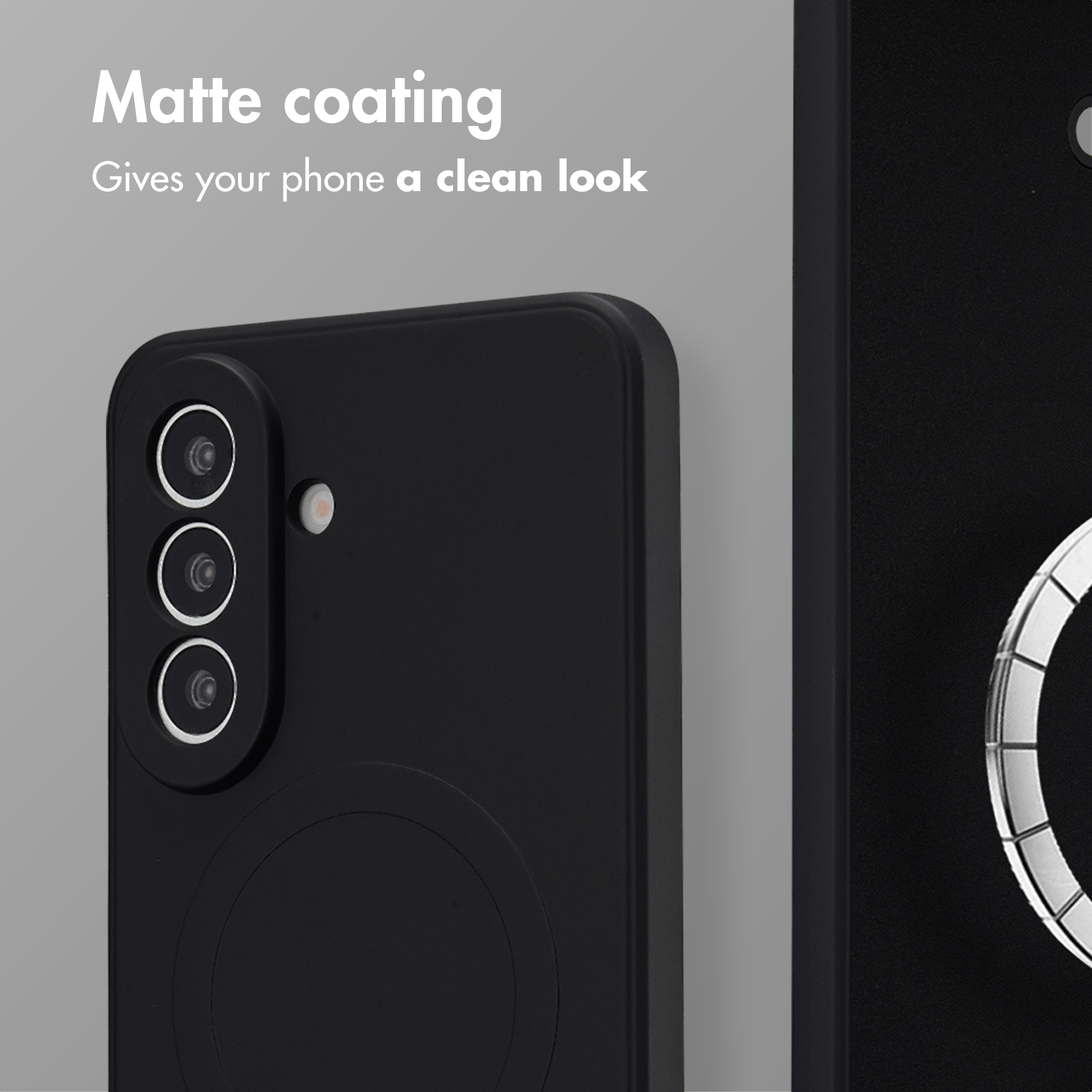 Coque de smartphone noire avec revêtement mat, trois objectifs et du texte.