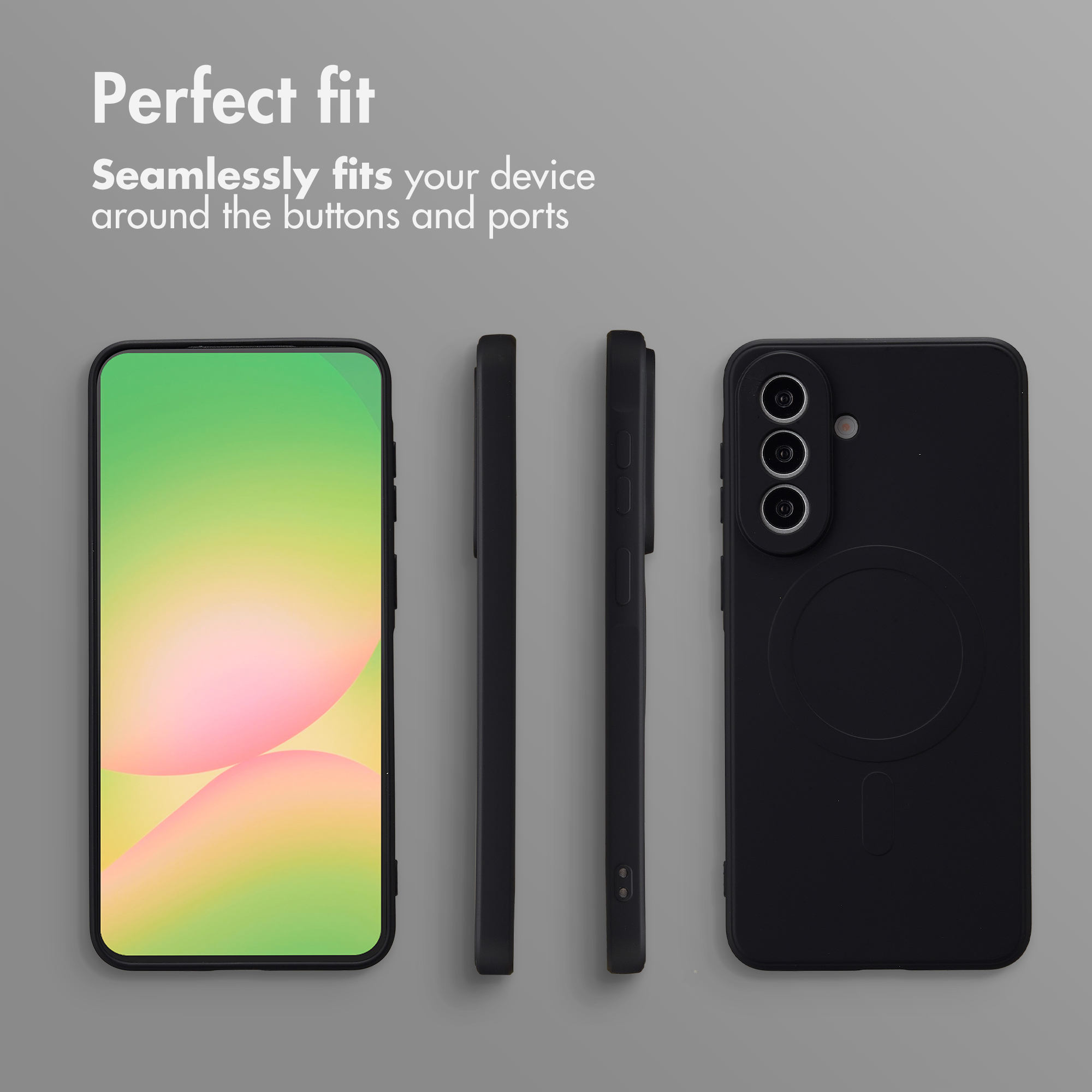 Coque de téléphone noire sous plusieurs angles sur fond gris avec le texte "Perfect fit".